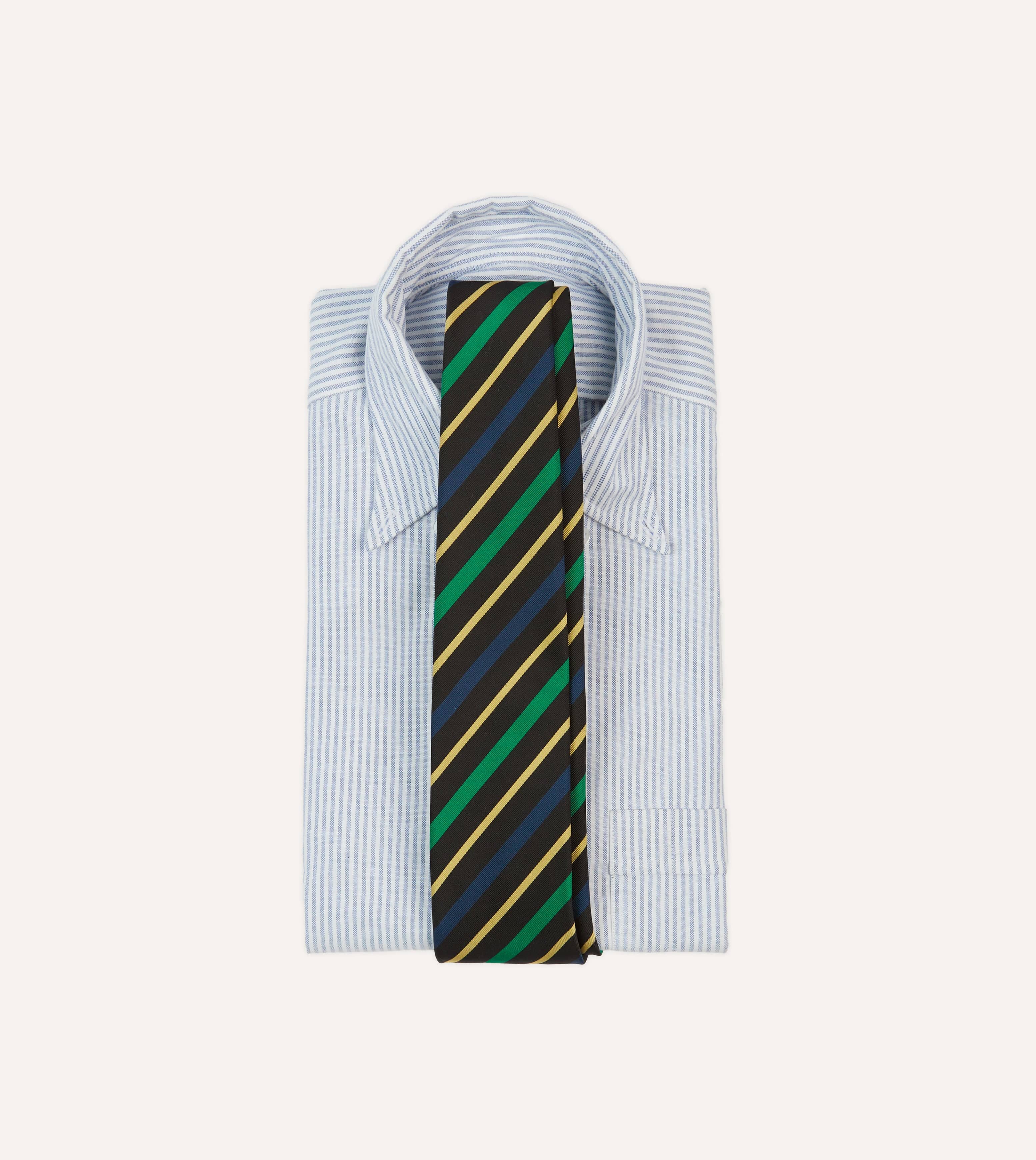 Black, Blue, Green and Yellow Multi Stripe Mogador Silk Tipped Tie - Image 2