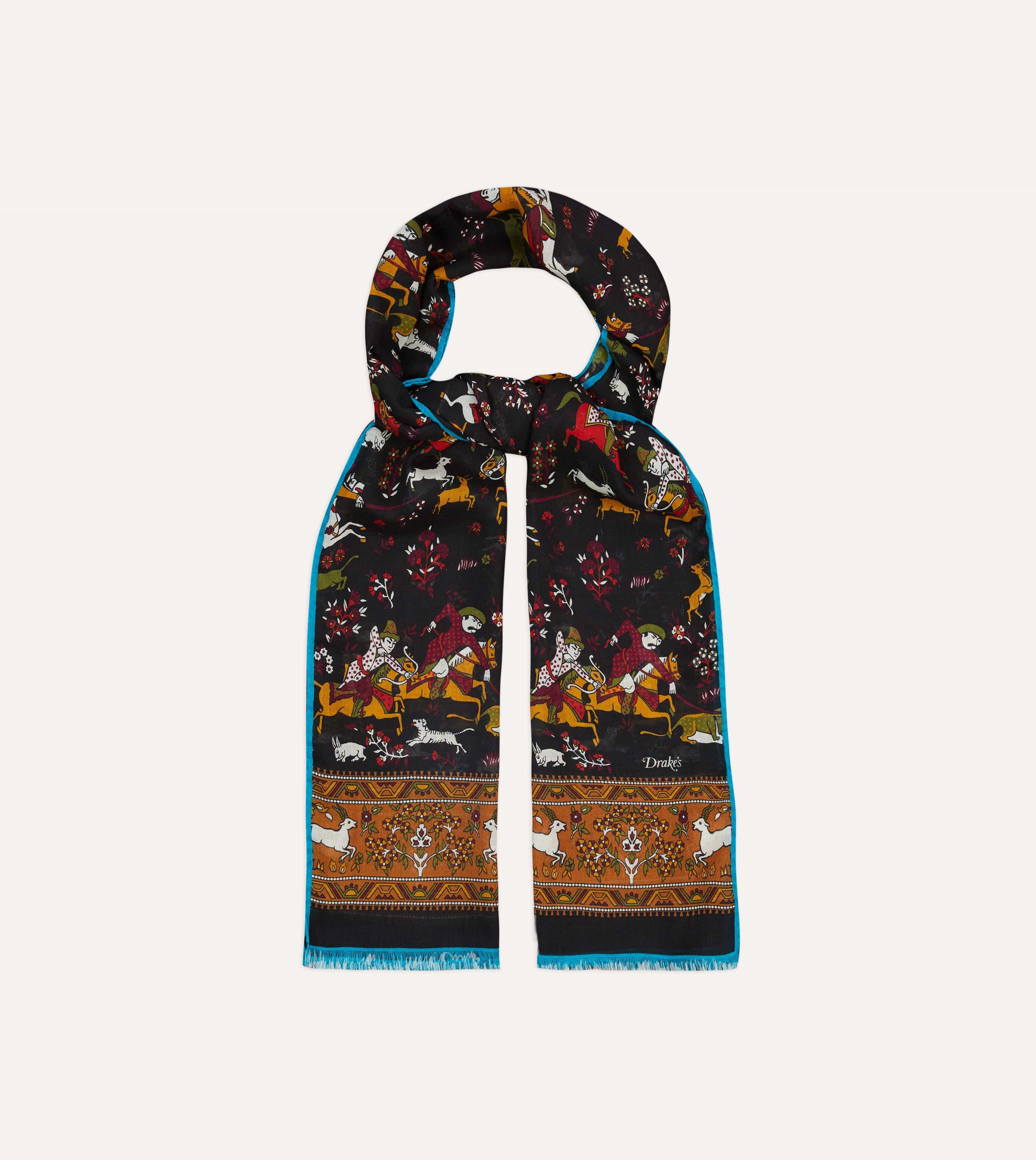 Black Mughal Archer Print Wool Silk Scarf - Image 4