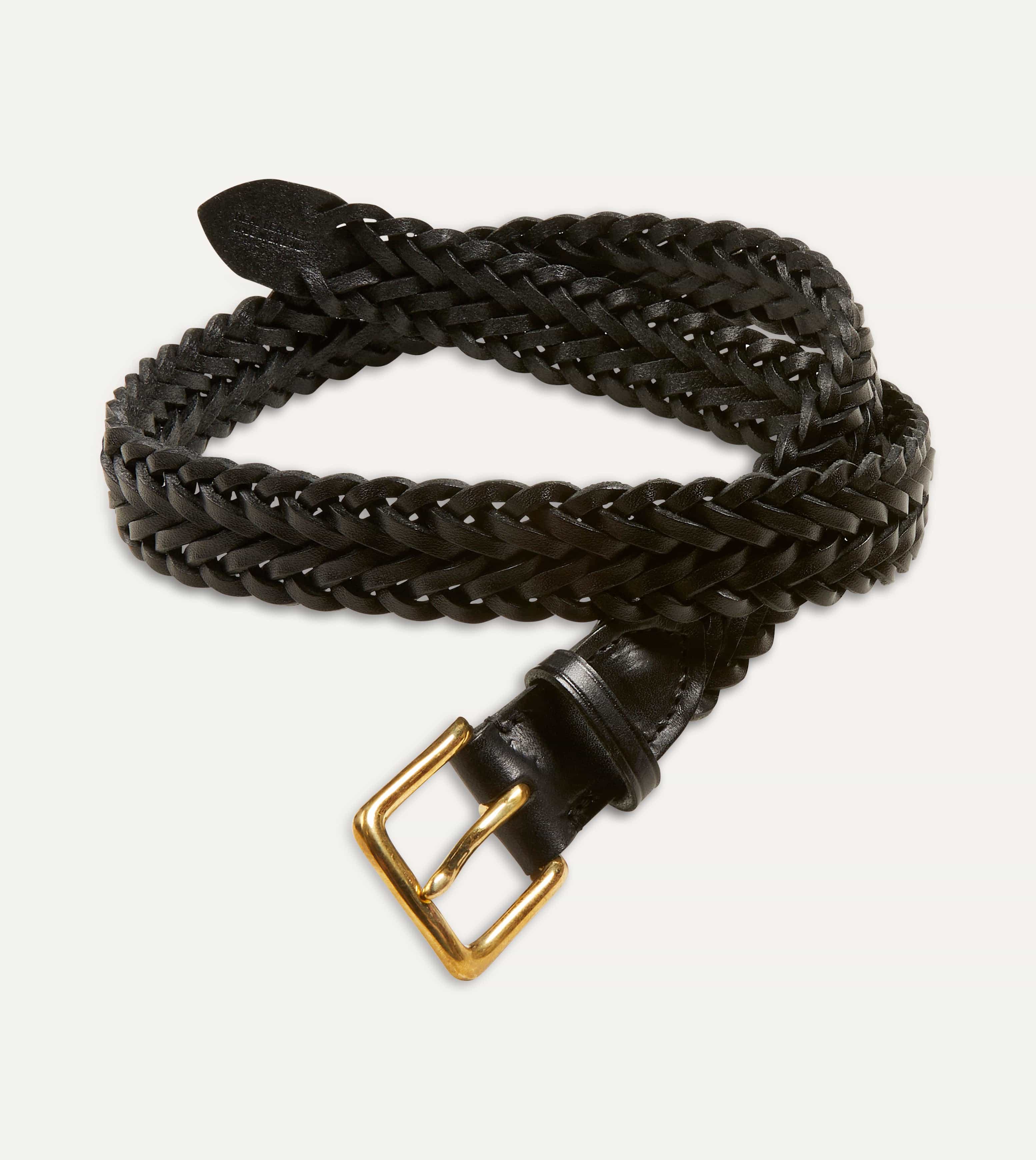 Black Plaited Bridle Leather Belt with Brass Buckle - Image 5