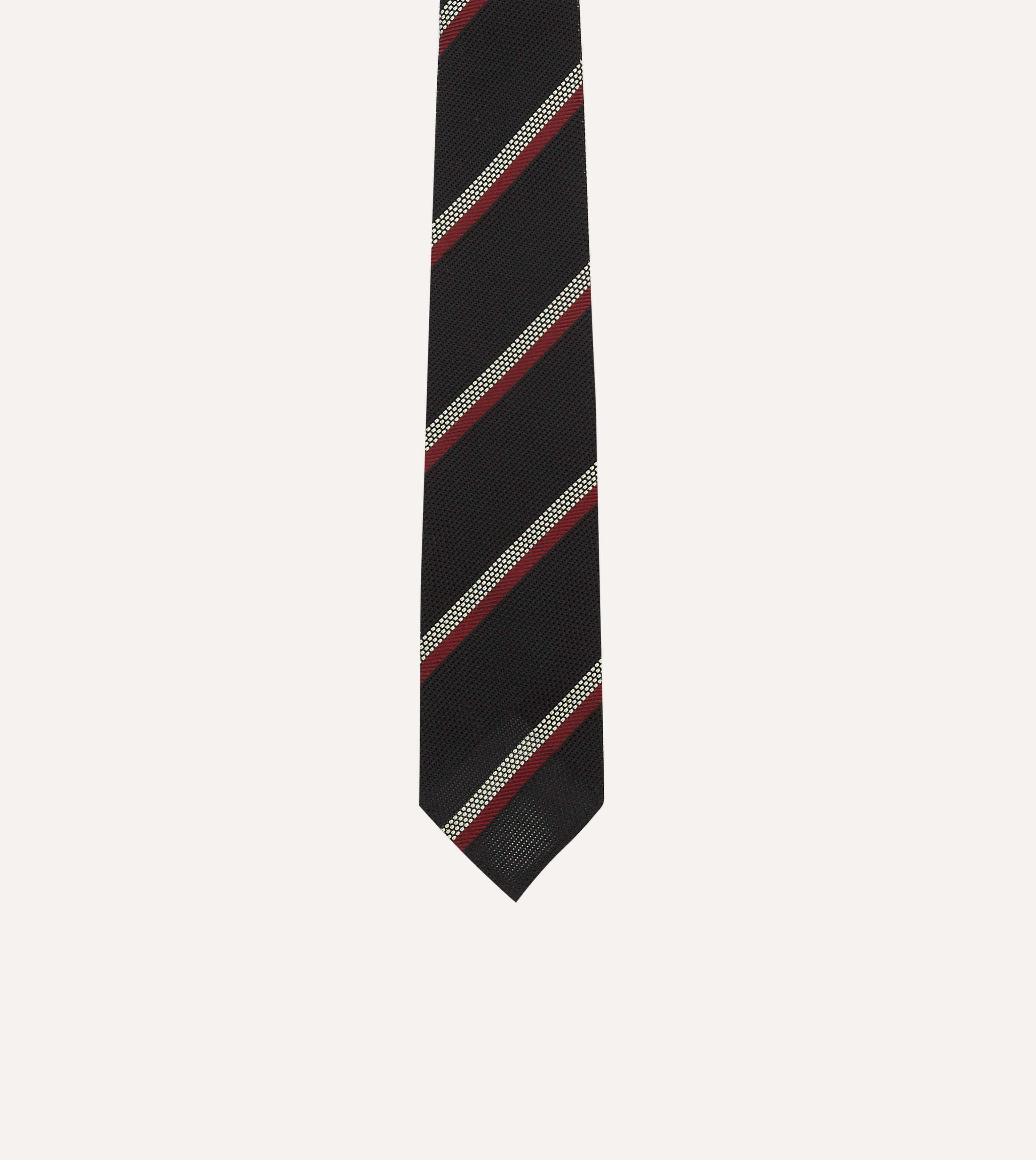 Black, White and Red Stripe Hand Rolled Silk Grenadine Tie - Image 3