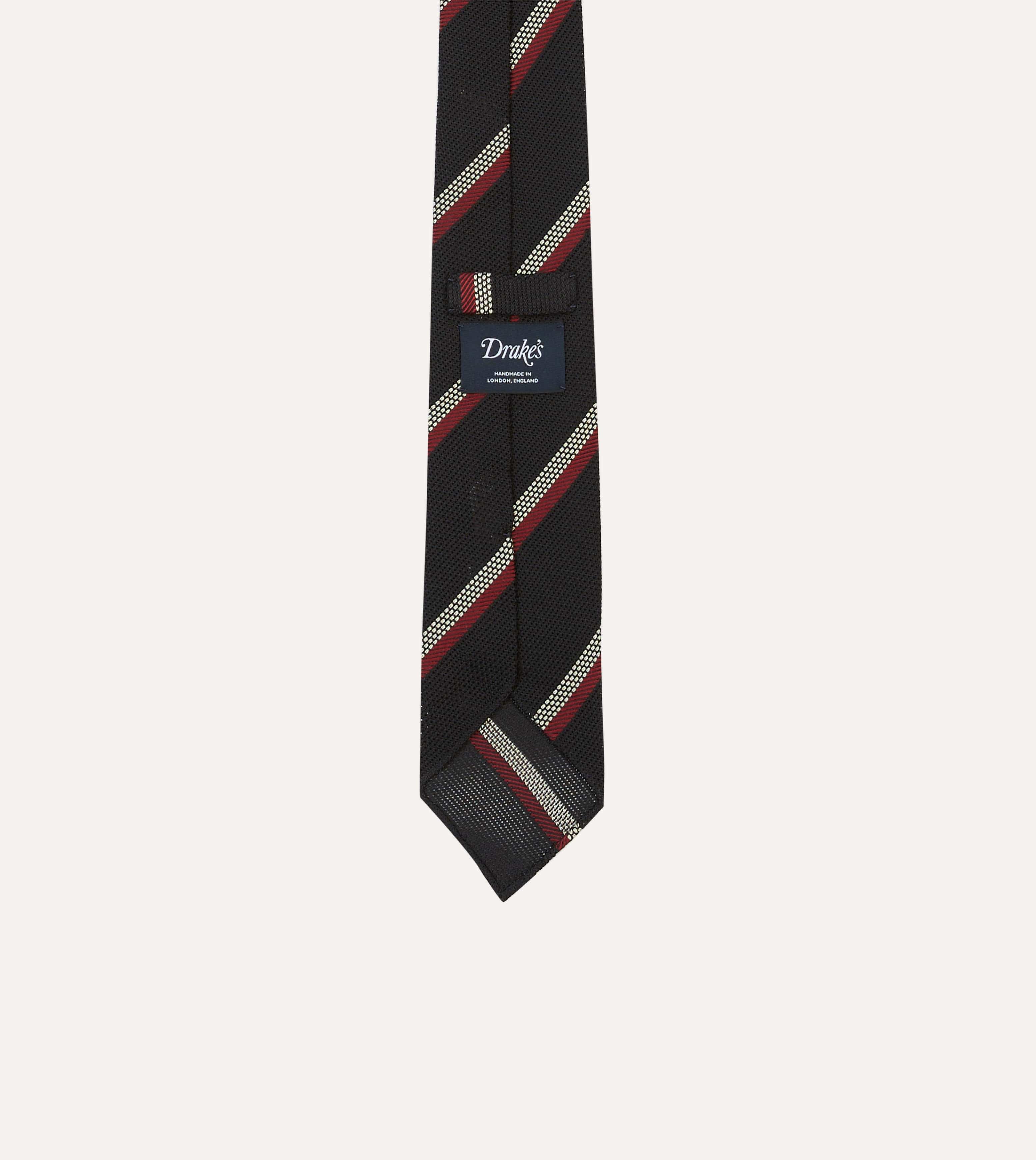 Black, White and Red Stripe Hand Rolled Silk Grenadine Tie - Image 4
