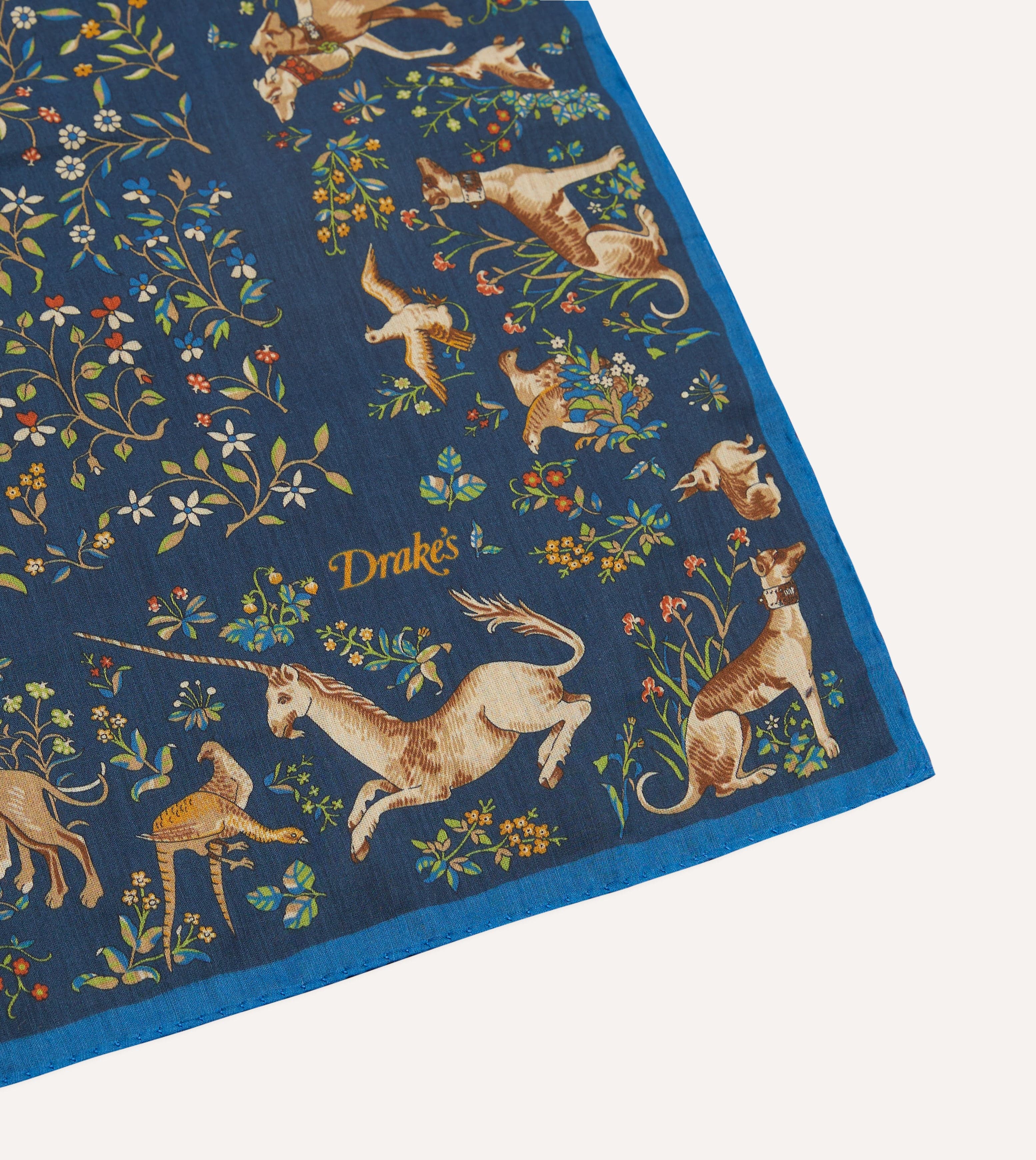 Blue and Navy Unicorn Garden Print Cotton-Silk Pocket Square - Image 3