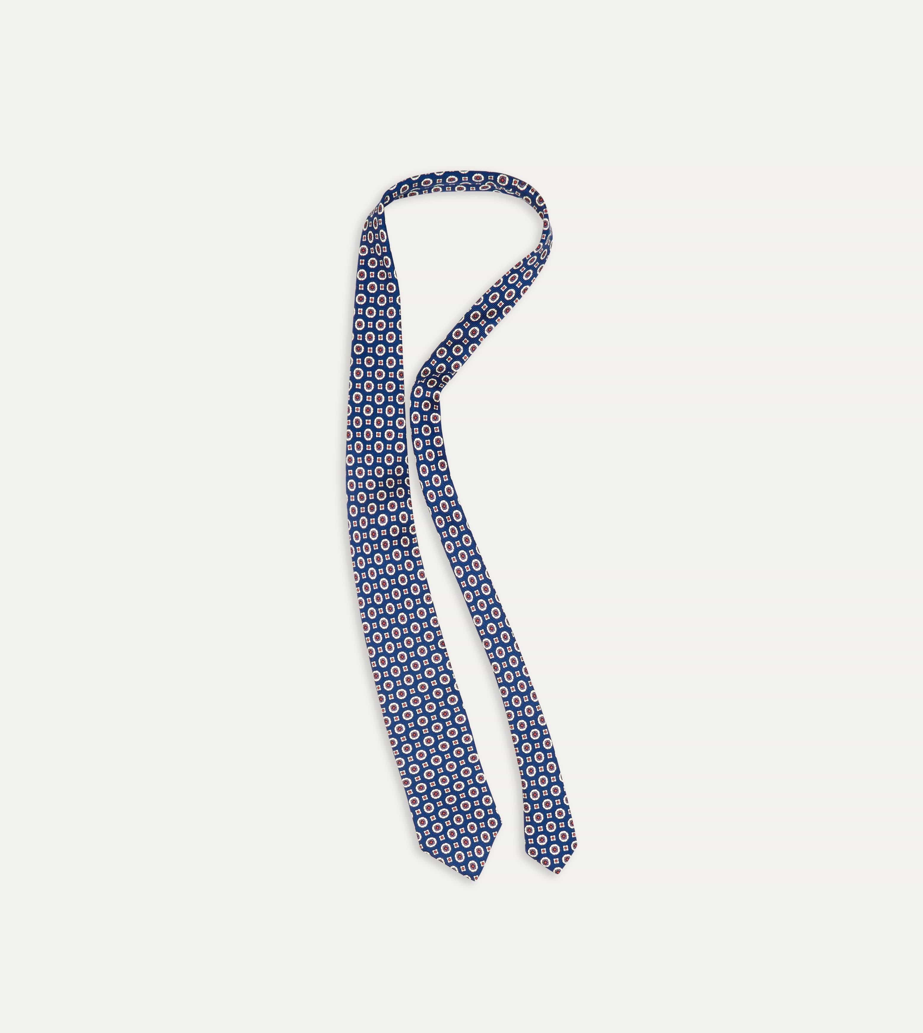 Blue and Red Geometric Medallion Print Silk Foulard Tie - Image 3