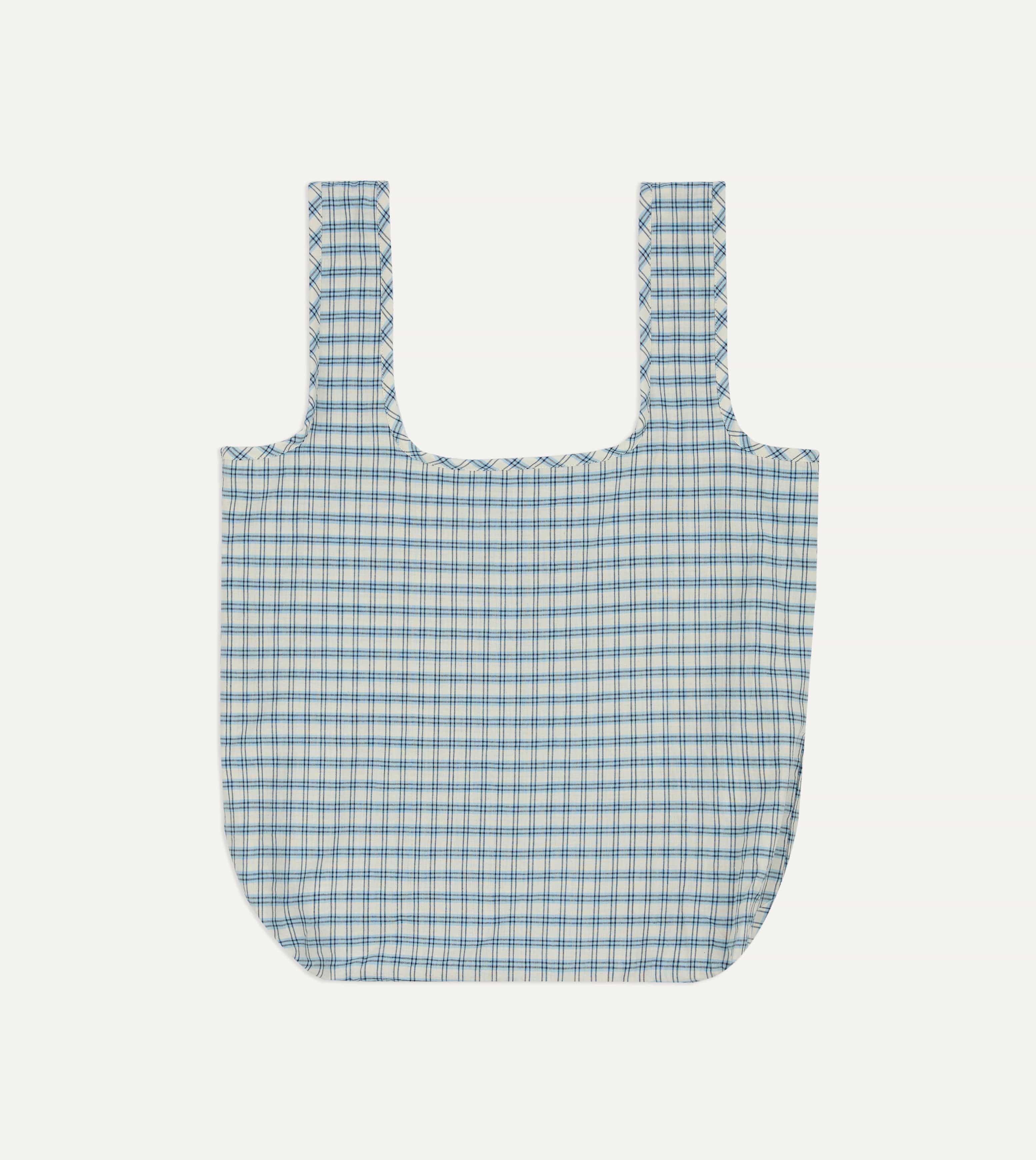 Blue and White Madras Check Cotton Market Tote Bag - Image 3
