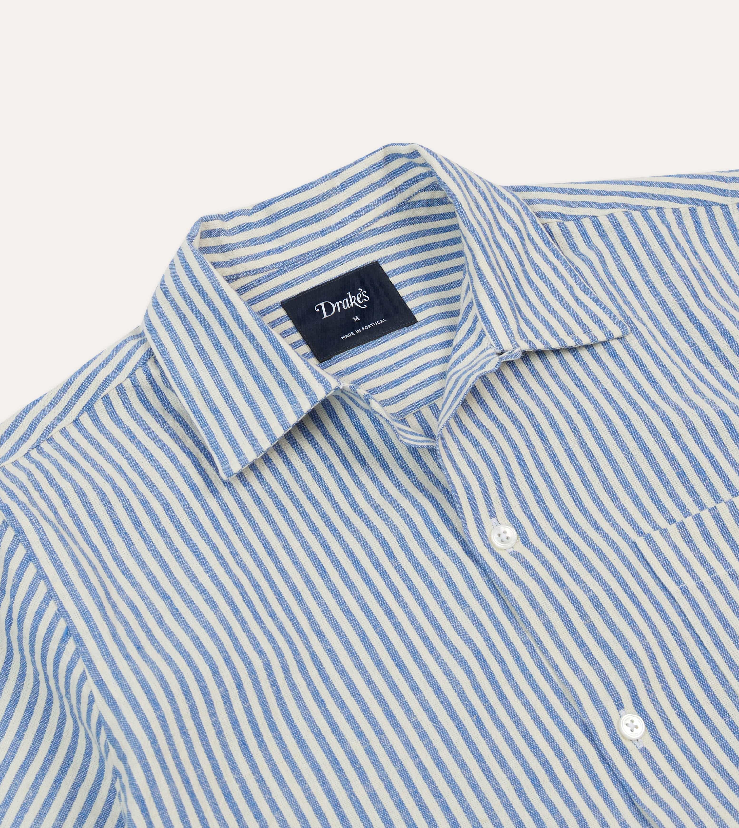 Blue and White Stripe Cotton-Linen Camp Collar Short Sleeve Shirt - Image 3