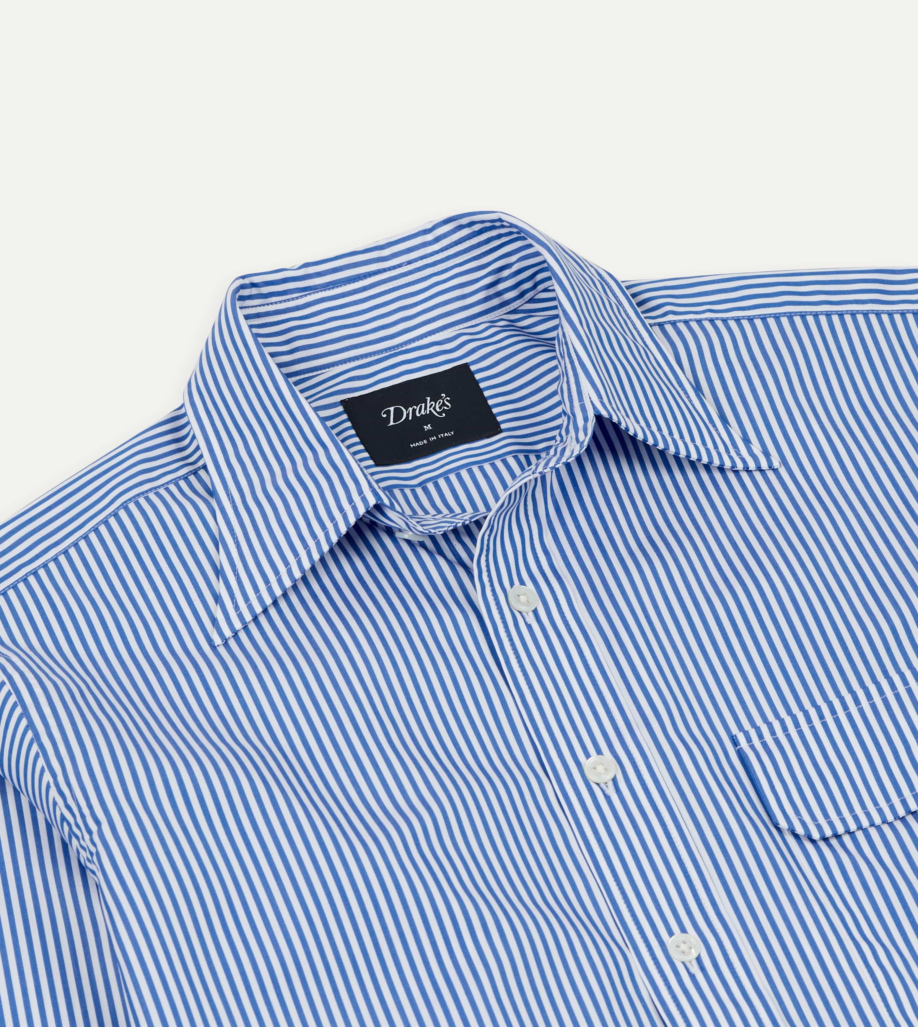 Blue and White Stripe Long Point Collar Flap Pocket Poplin Shirt - Image 3
