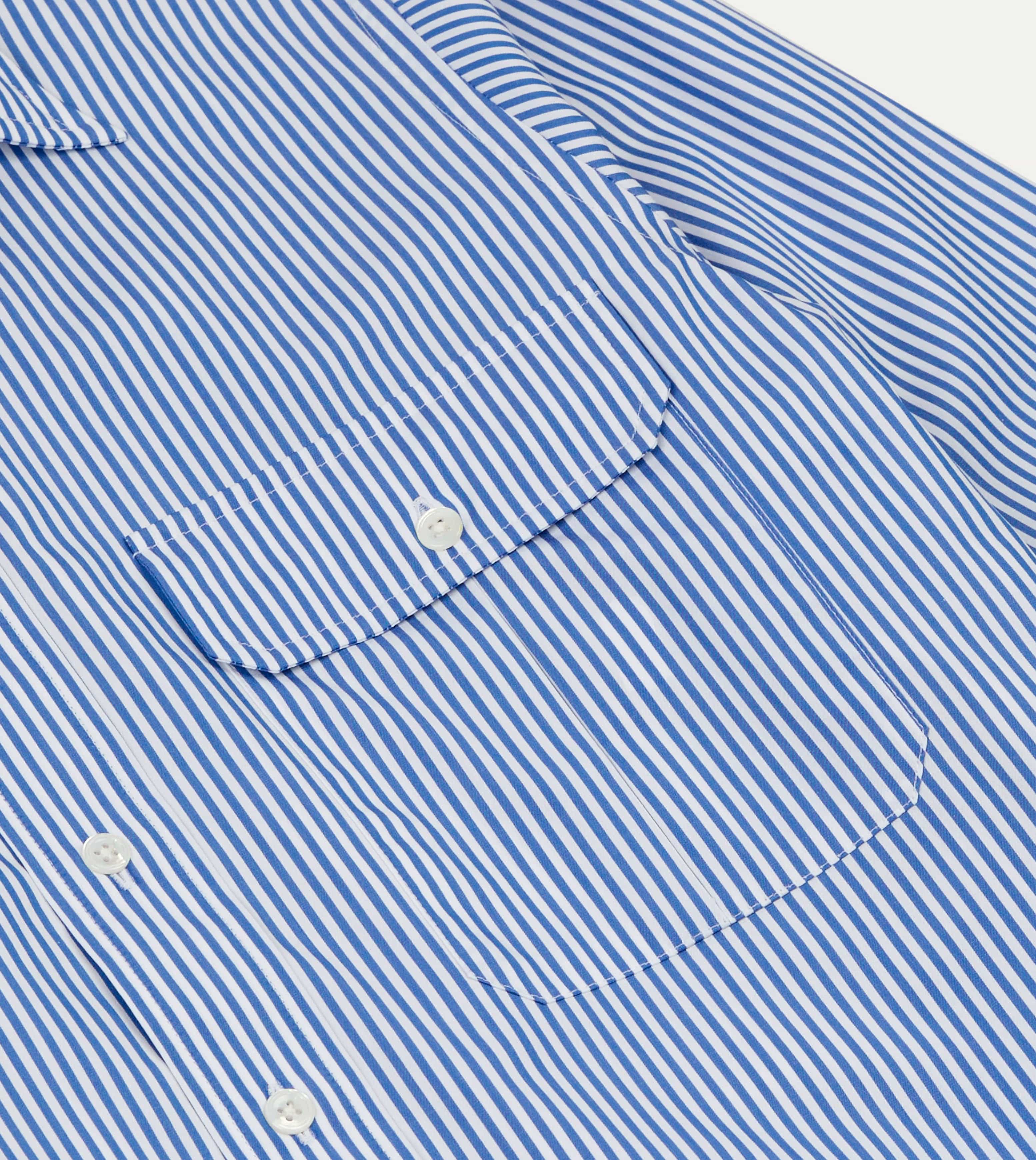 Blue and White Stripe Long Point Collar Flap Pocket Poplin Shirt - Image 4