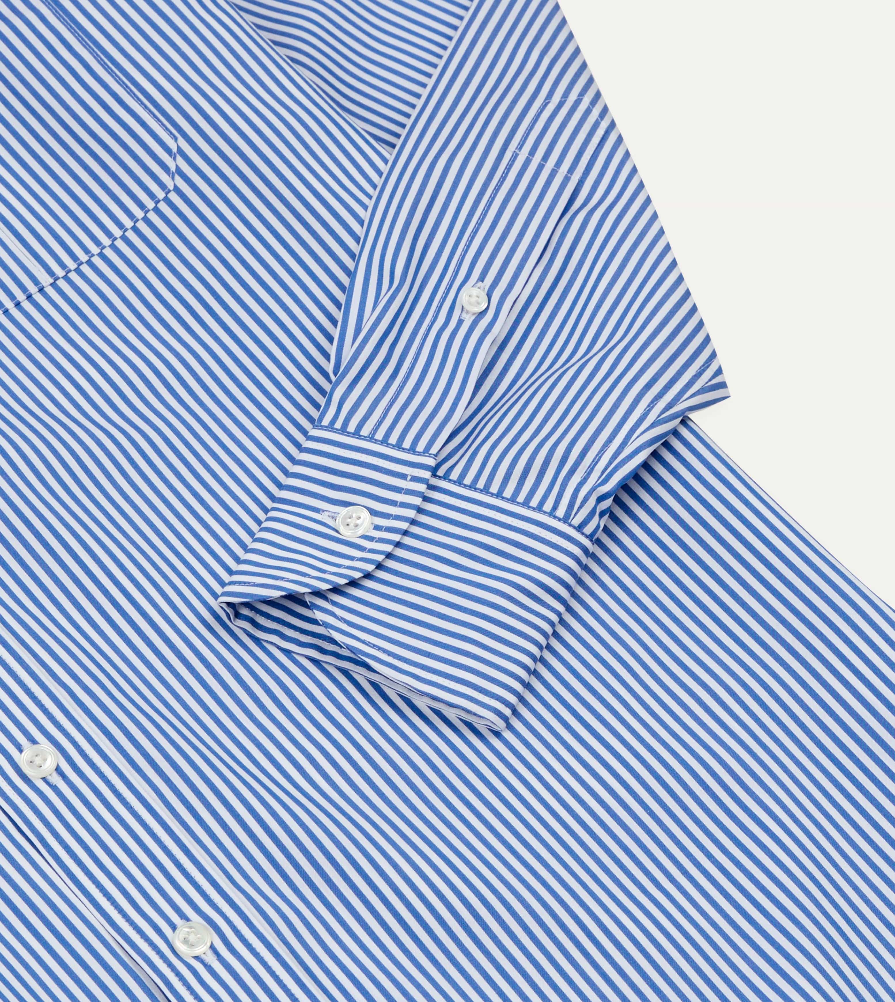 Blue and White Stripe Long Point Collar Flap Pocket Poplin Shirt - Image 5