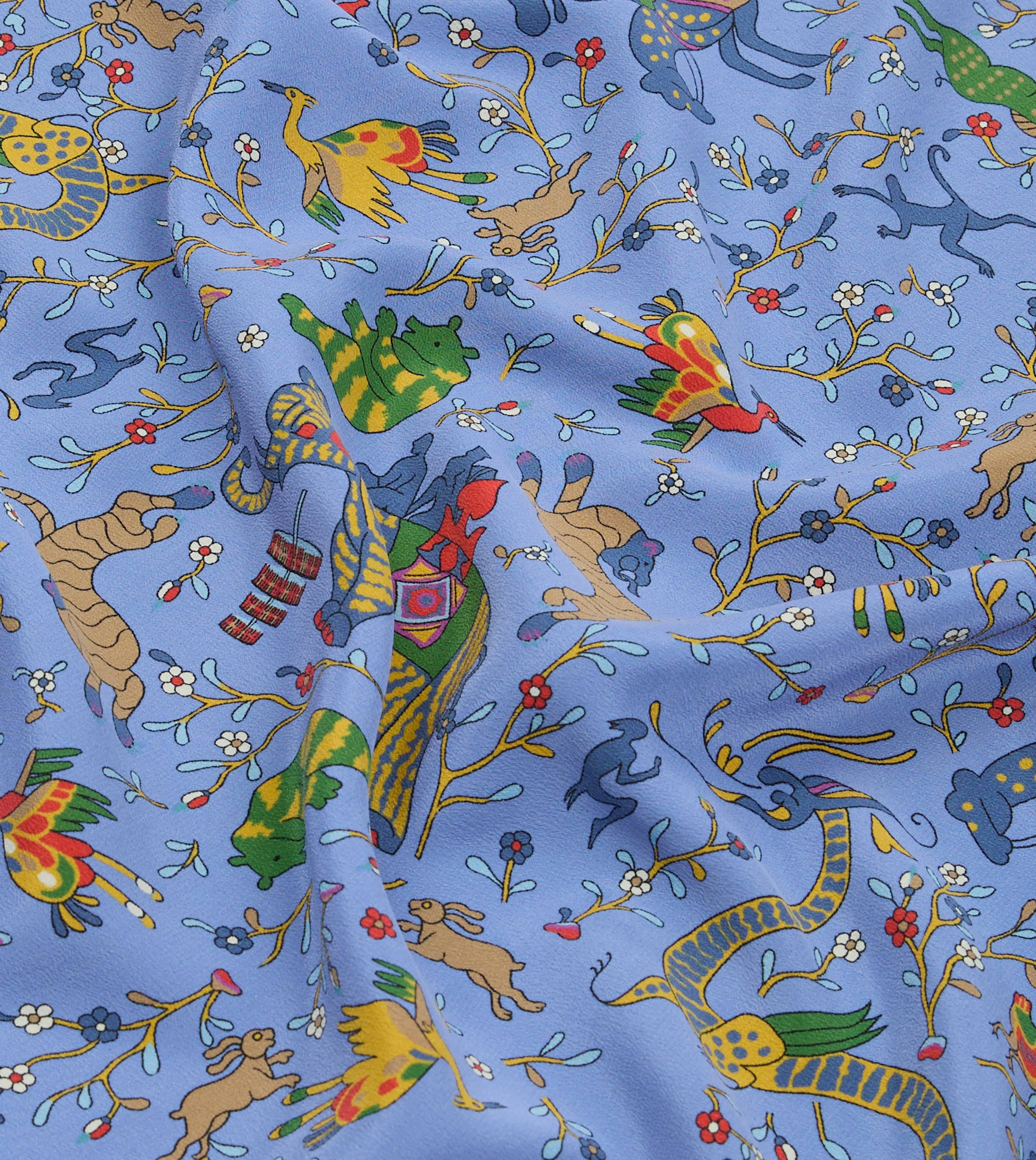 Blue Animals and Flowers Print Silk Bandana - Image 2