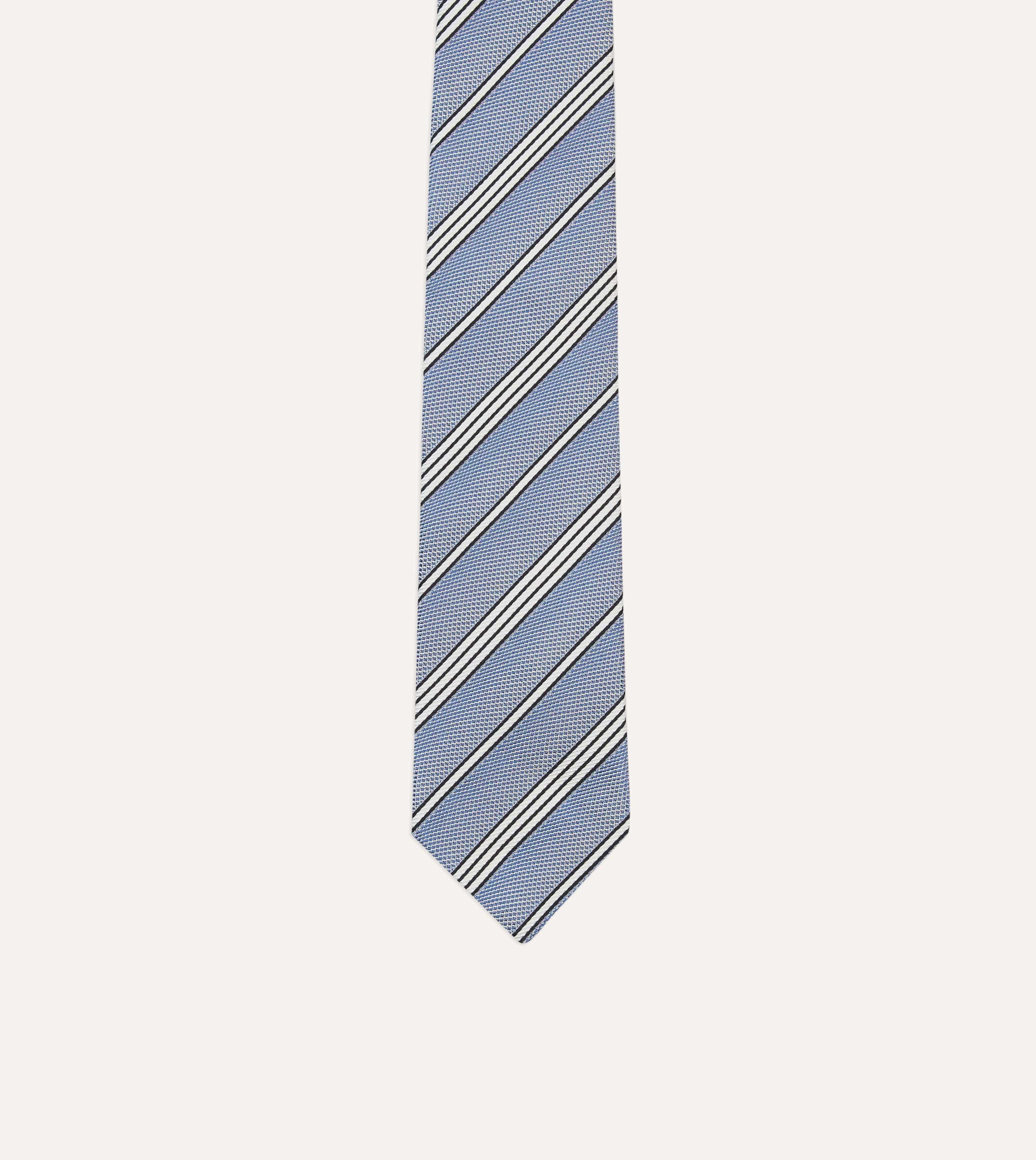 Blue, Navy and Ecru Twill Stripe Tipped Silk Grenadine Tie - Image 3