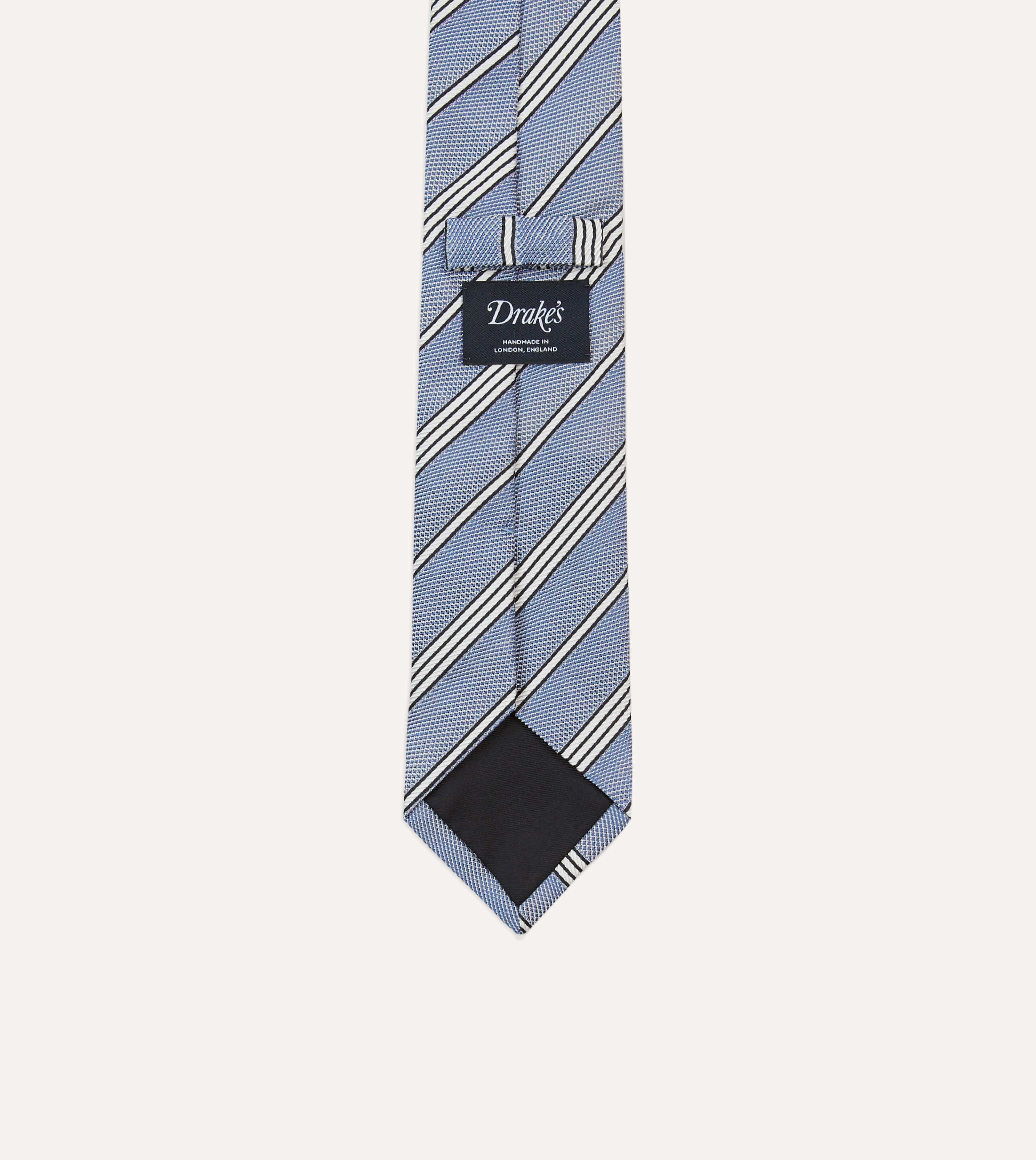 Blue, Navy and Ecru Twill Stripe Tipped Silk Grenadine Tie - Image 4