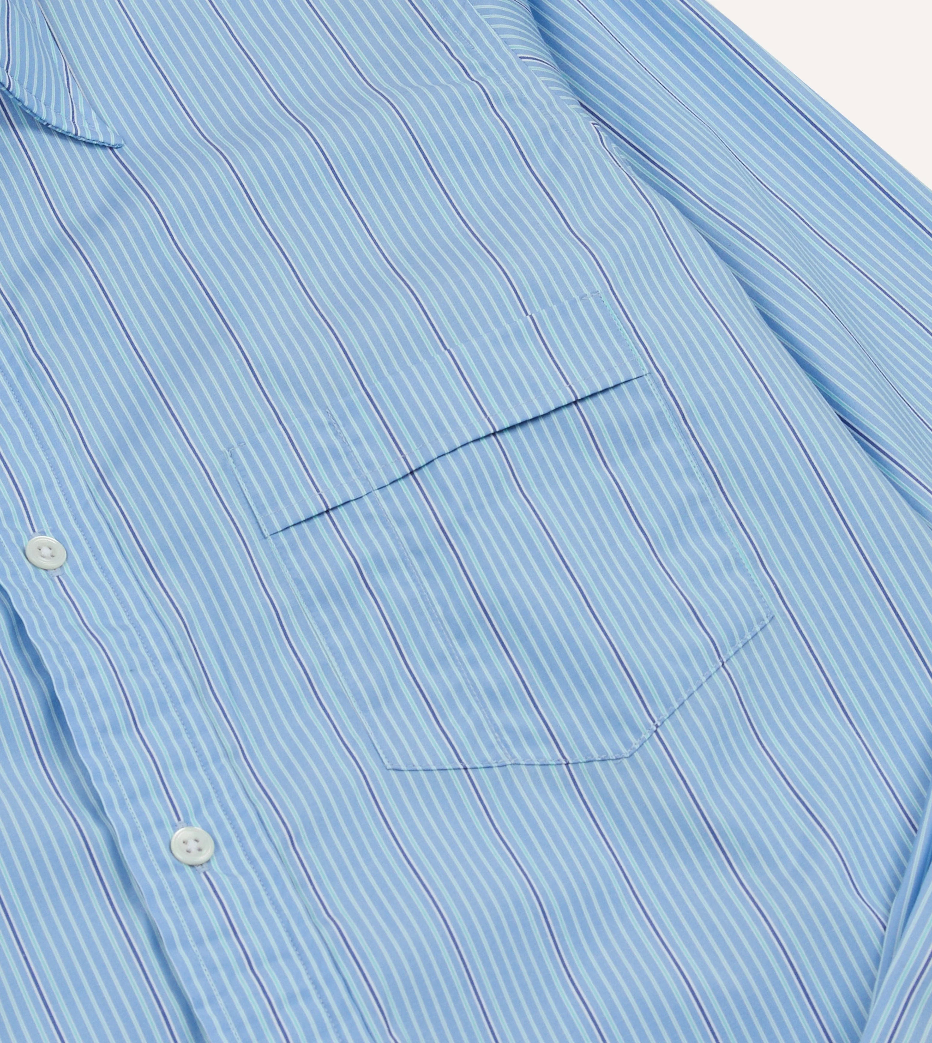 Blue Stripe Cotton Poplin Long Point Collar Shirt - Image 4