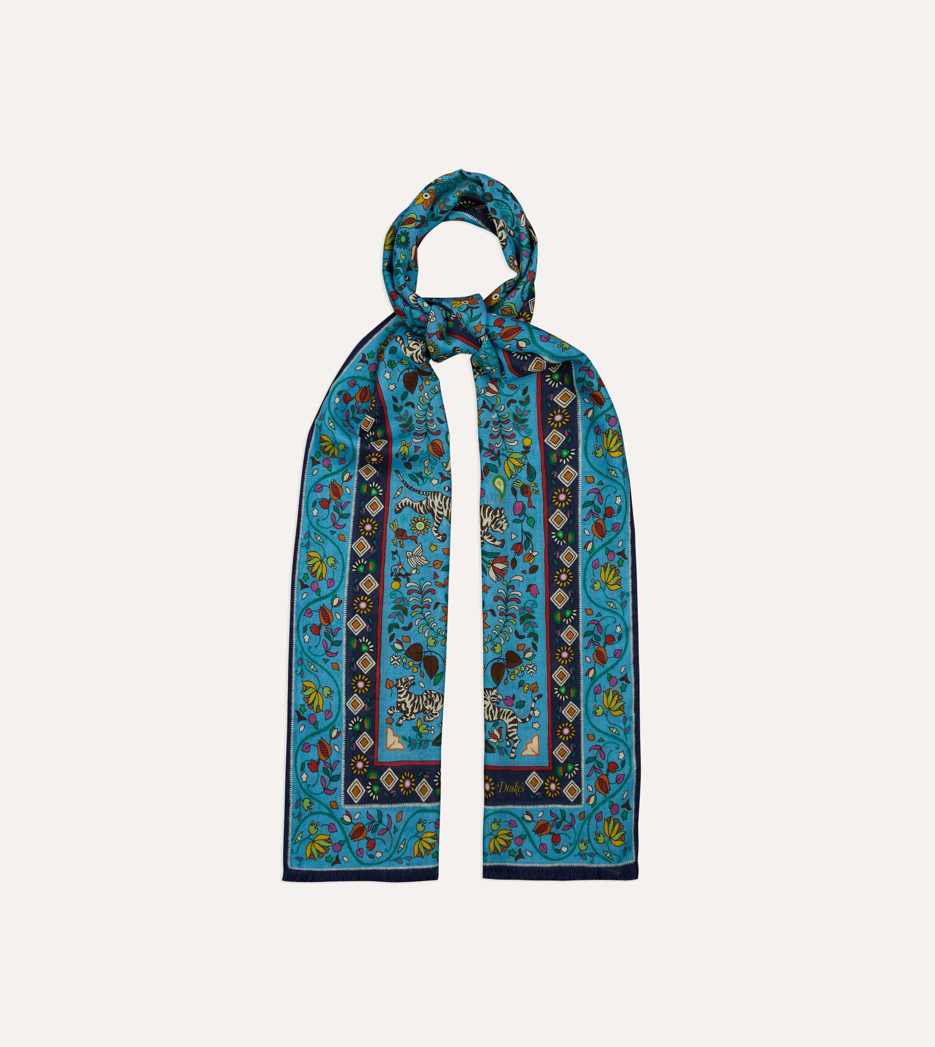 Blue Tiger Garden Print Wool Silk Scarf - Image 4