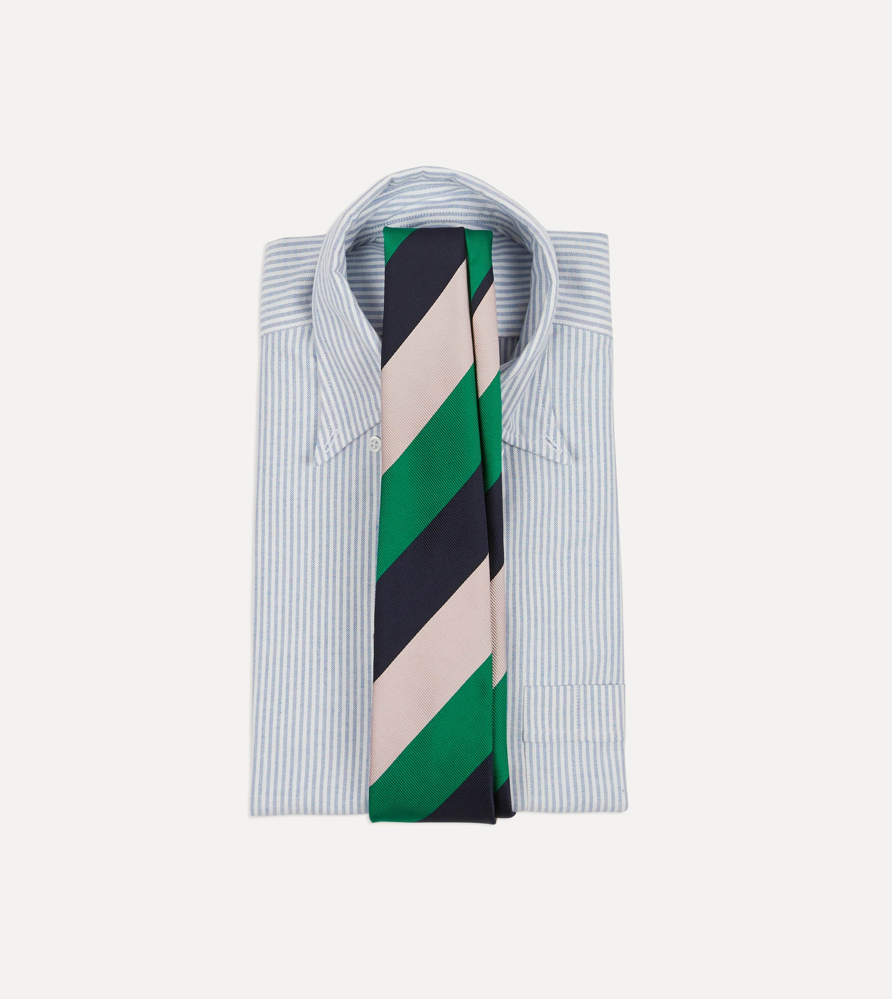 Bright Green, Navy and White Stripe Tipped Repp Silk Tie - Image 2