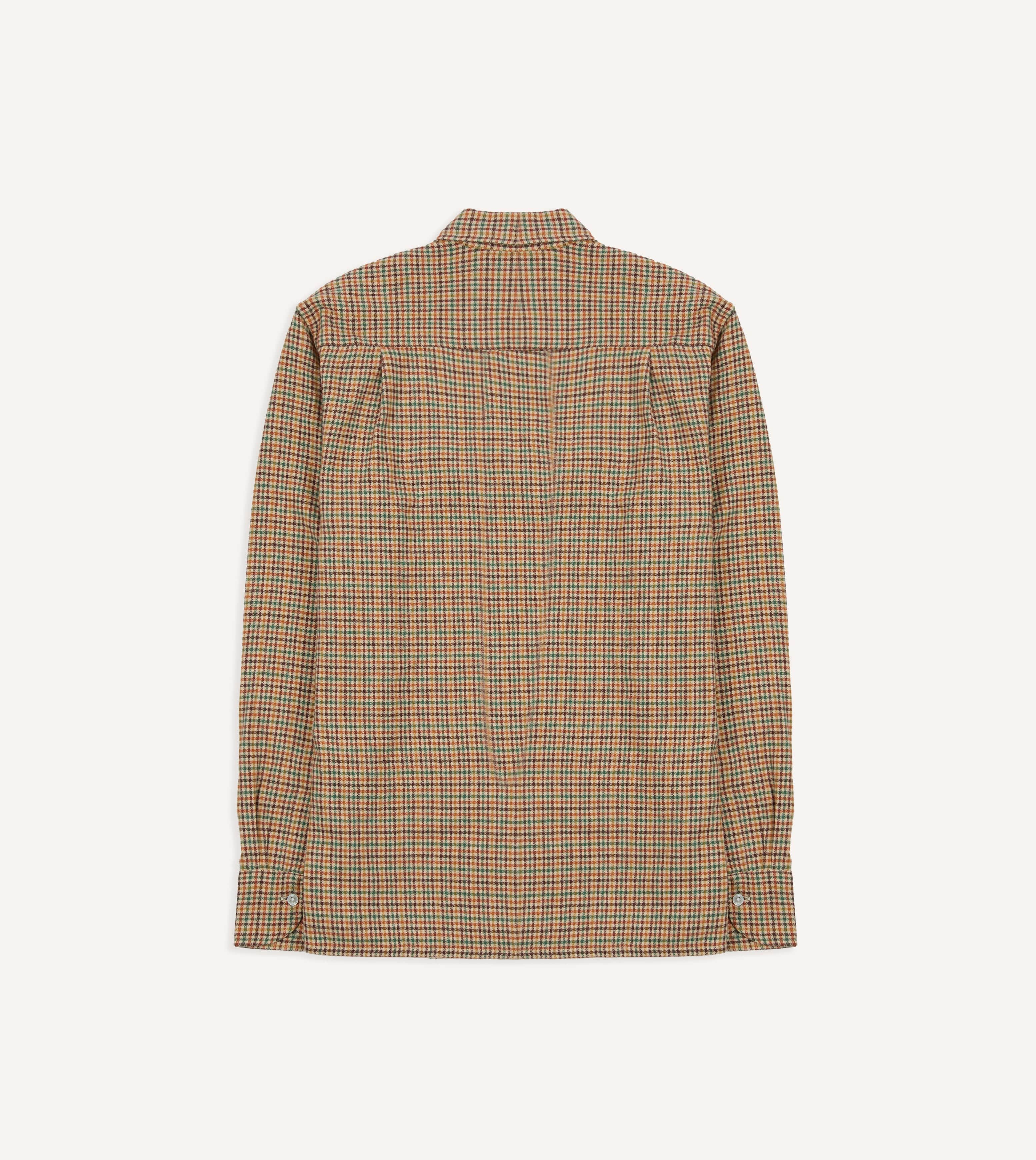 Brown and Green Check Brushed Cotton Twill Camp Collar Long Sleeve Shirt - Image 6