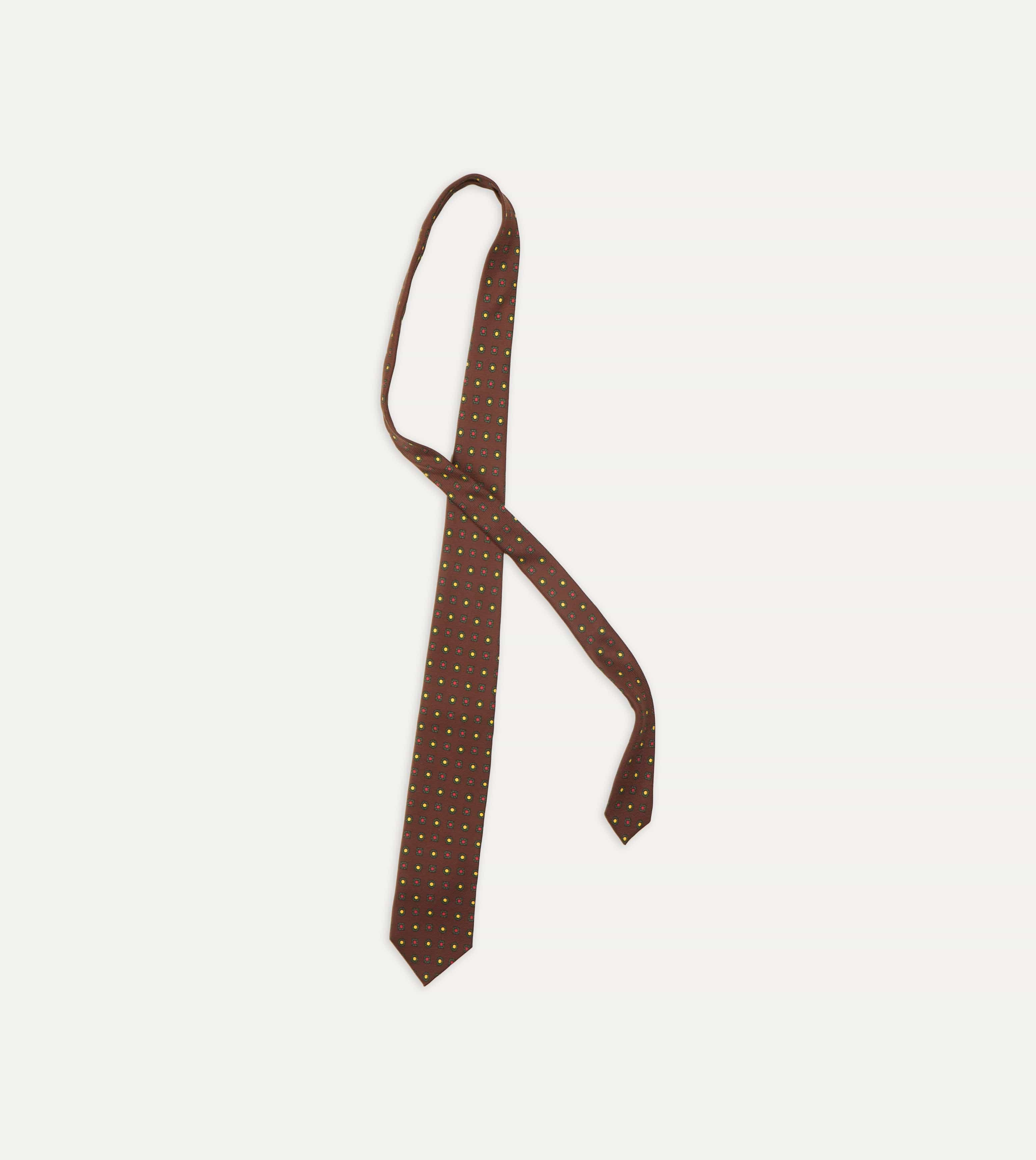 Brown and Green Geometric Medallion Print Madder Twill Silk Tie - Image 4