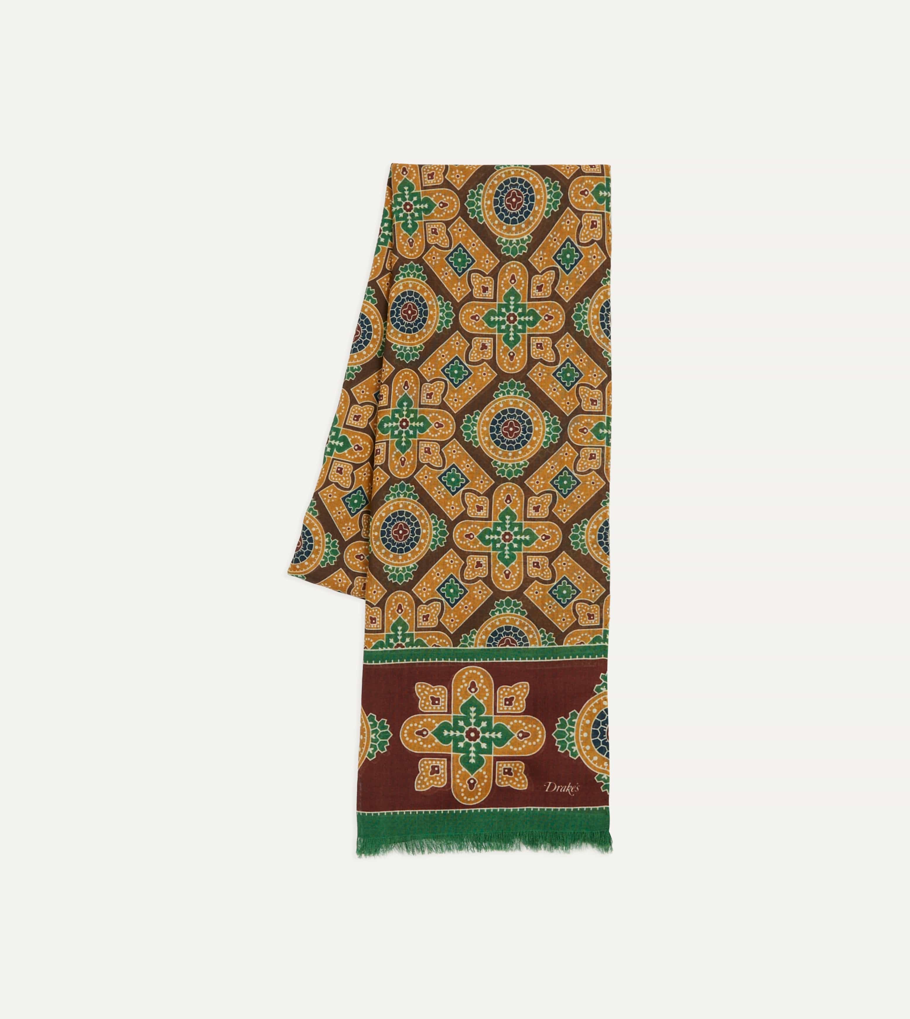 Brown and Red Medallion Print Wool-Silk Scarf - Image 3