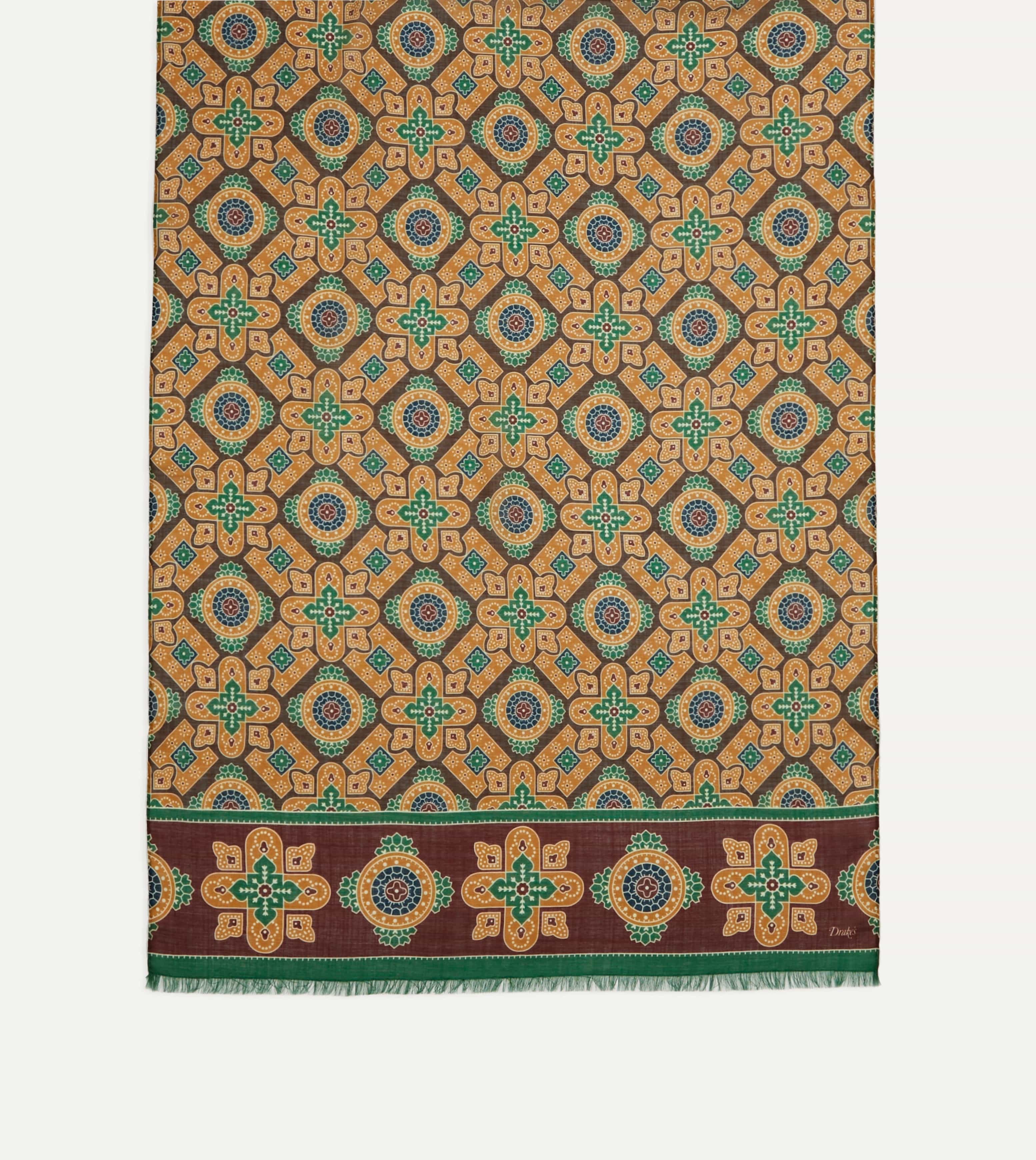 Brown and Red Medallion Print Wool-Silk Scarf - Image 4