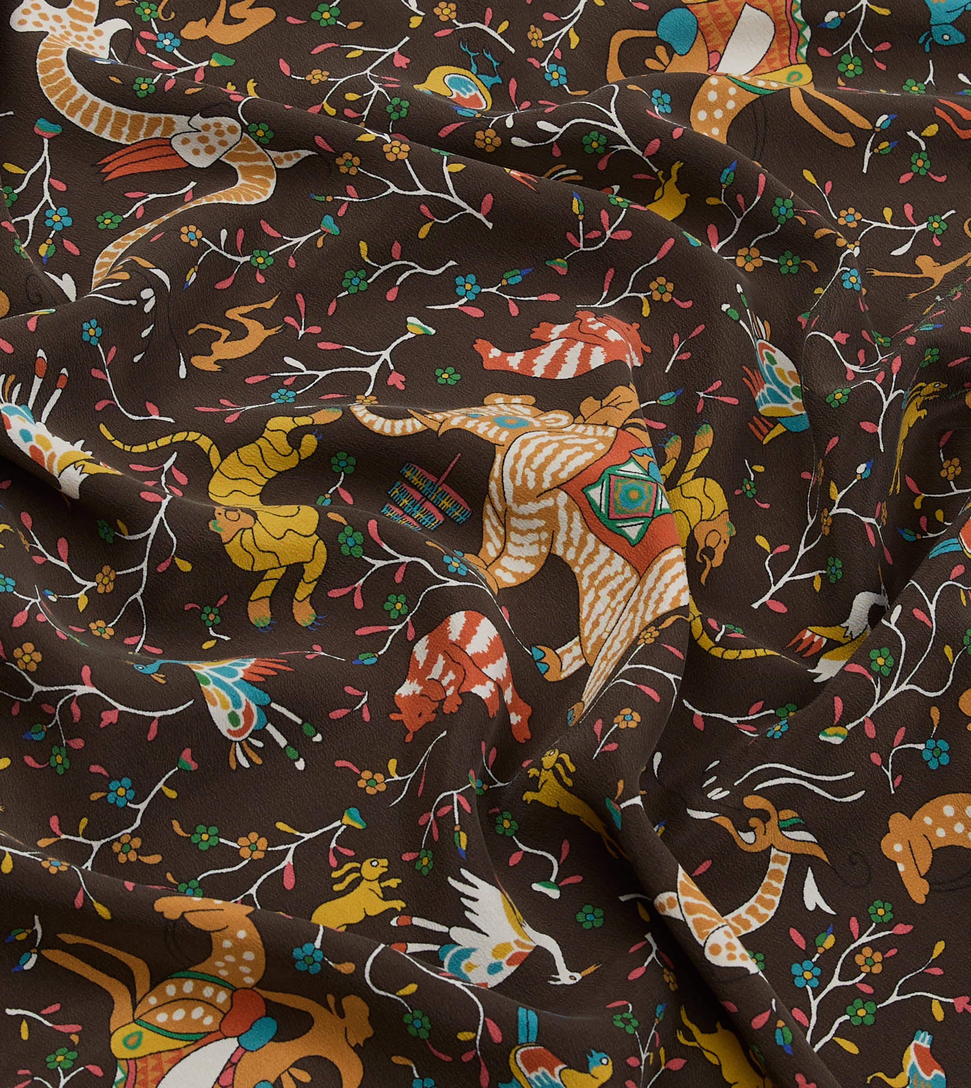 Brown Animals and Flowers Print Silk Bandana - Image 2
