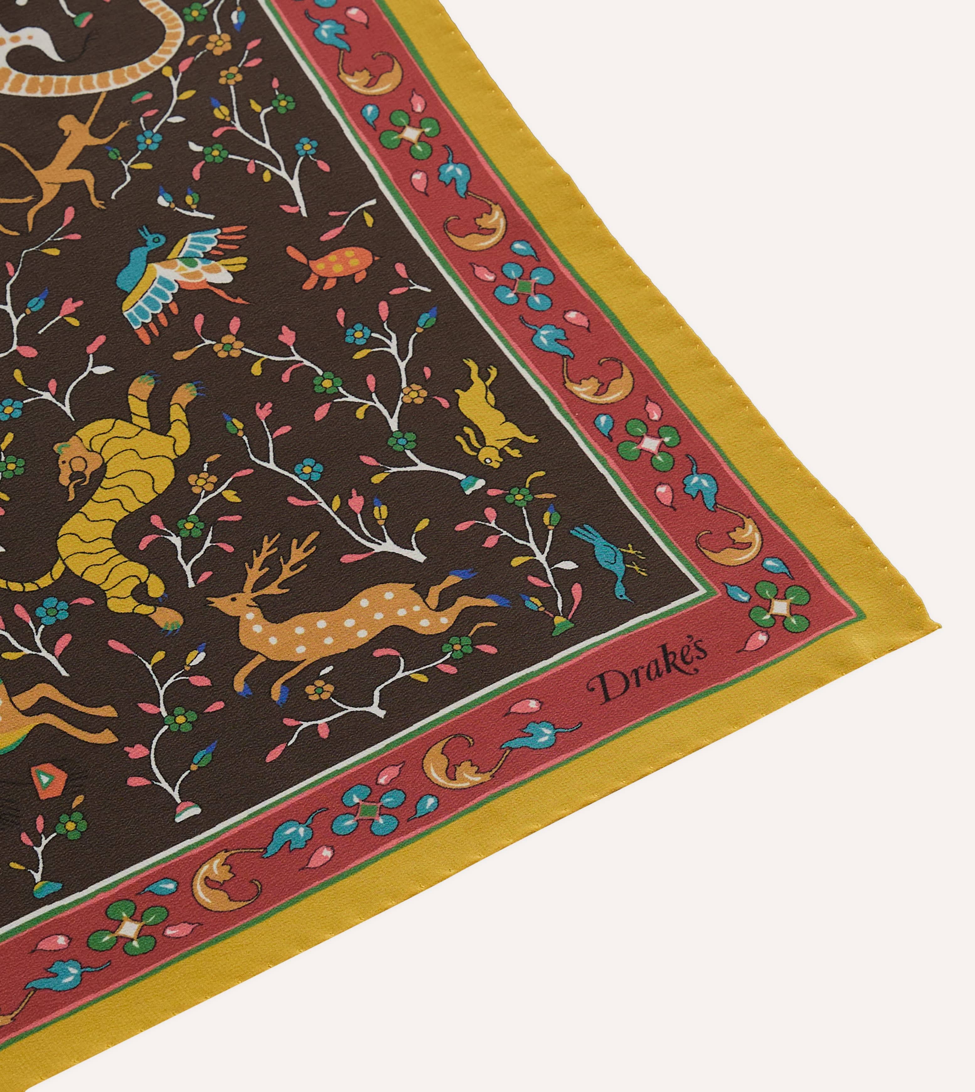 Brown Animals and Flowers Print Silk Bandana - Image 3