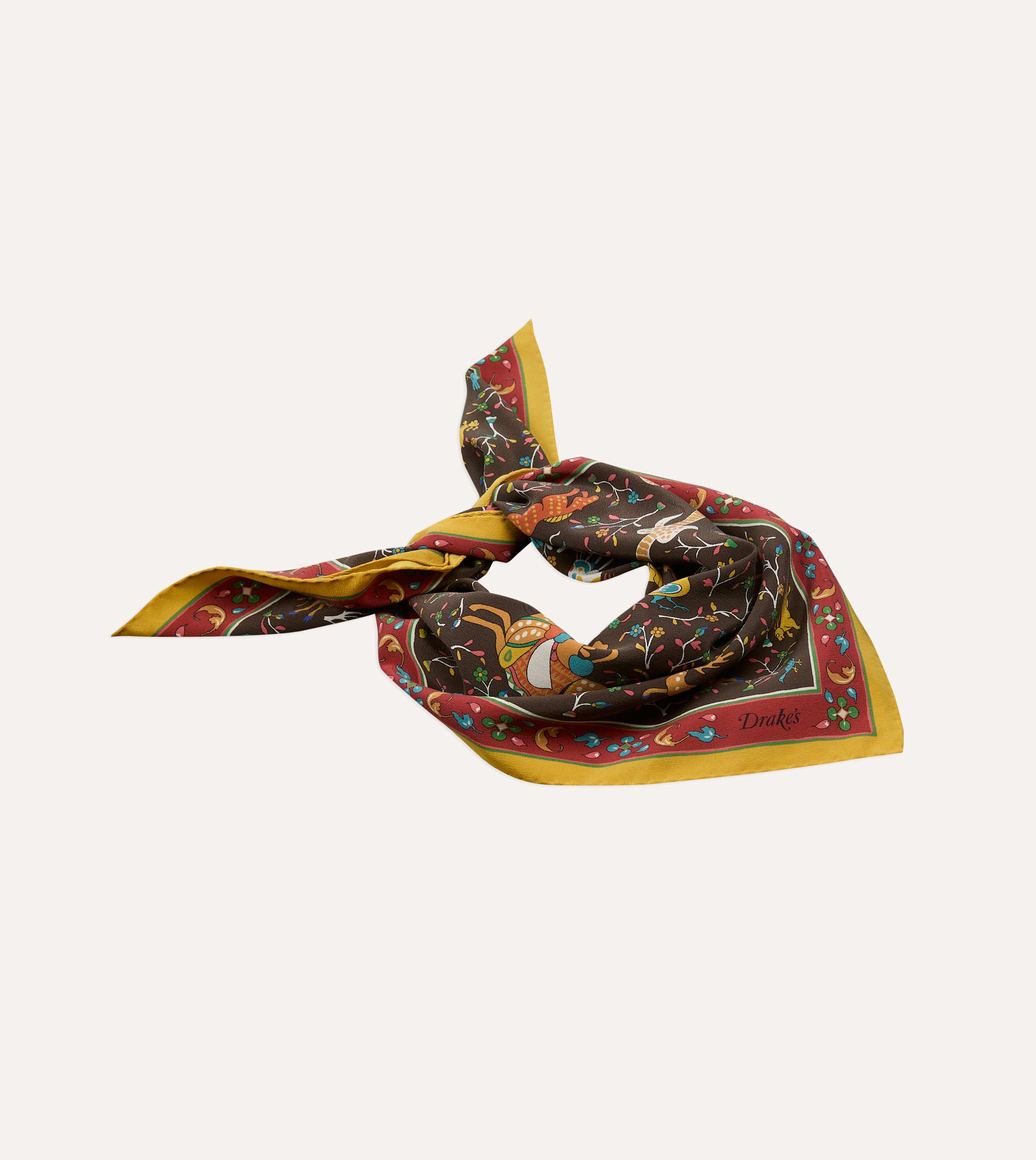 Brown Animals and Flowers Print Silk Bandana - Image 4