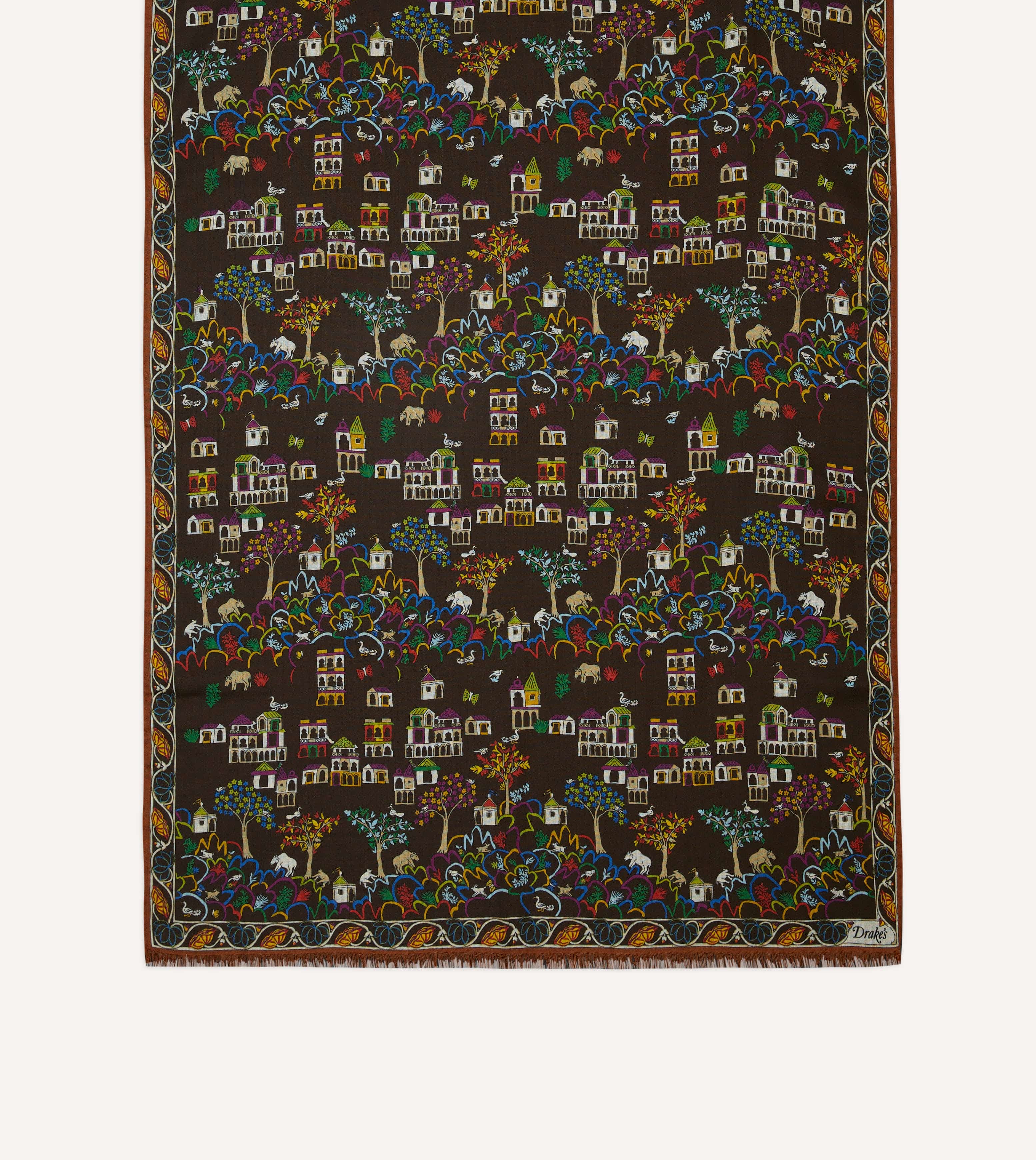 Brown Antique Village Print Wool Silk Scarf - Image 3