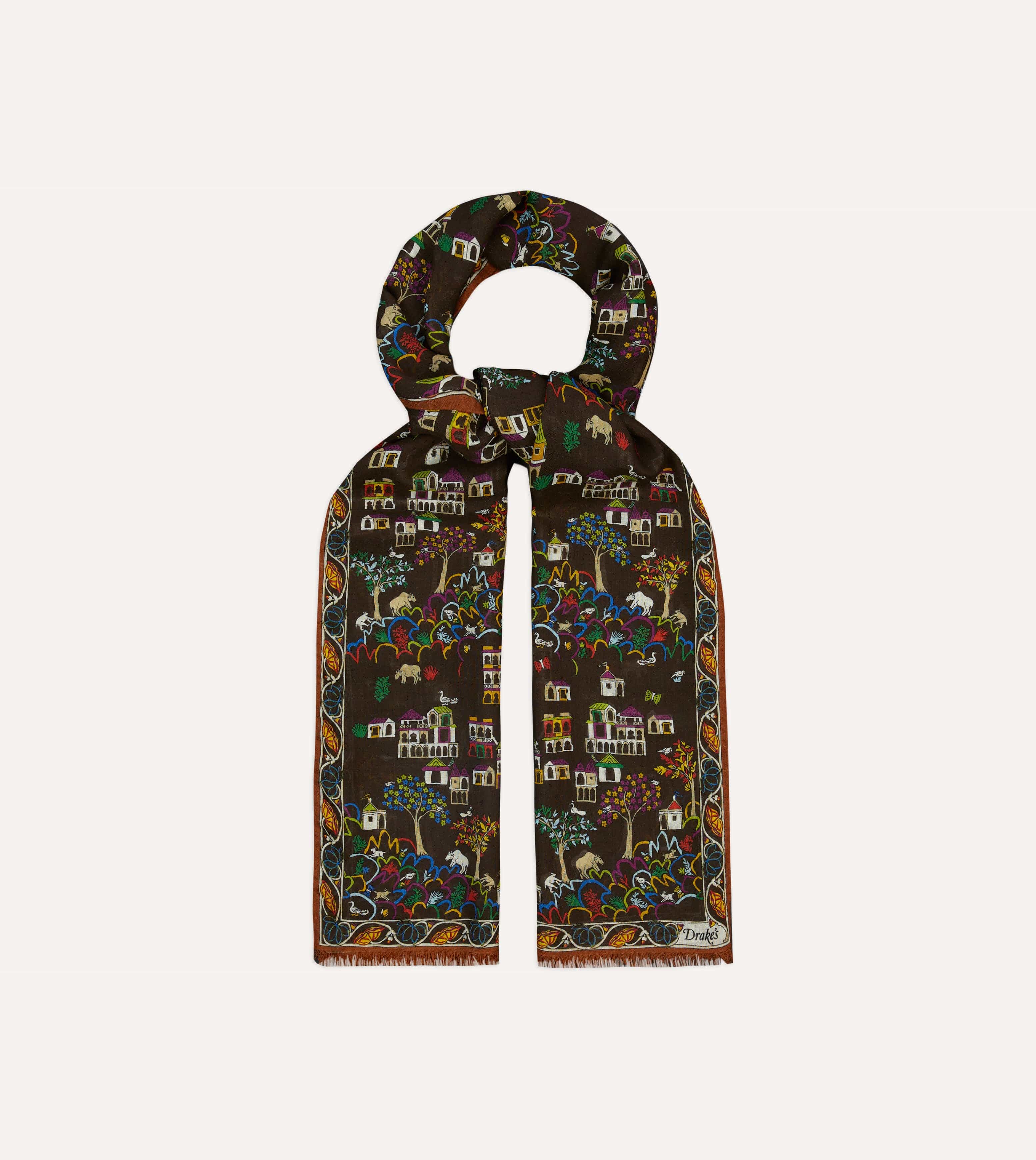 Brown Antique Village Print Wool Silk Scarf - Image 4