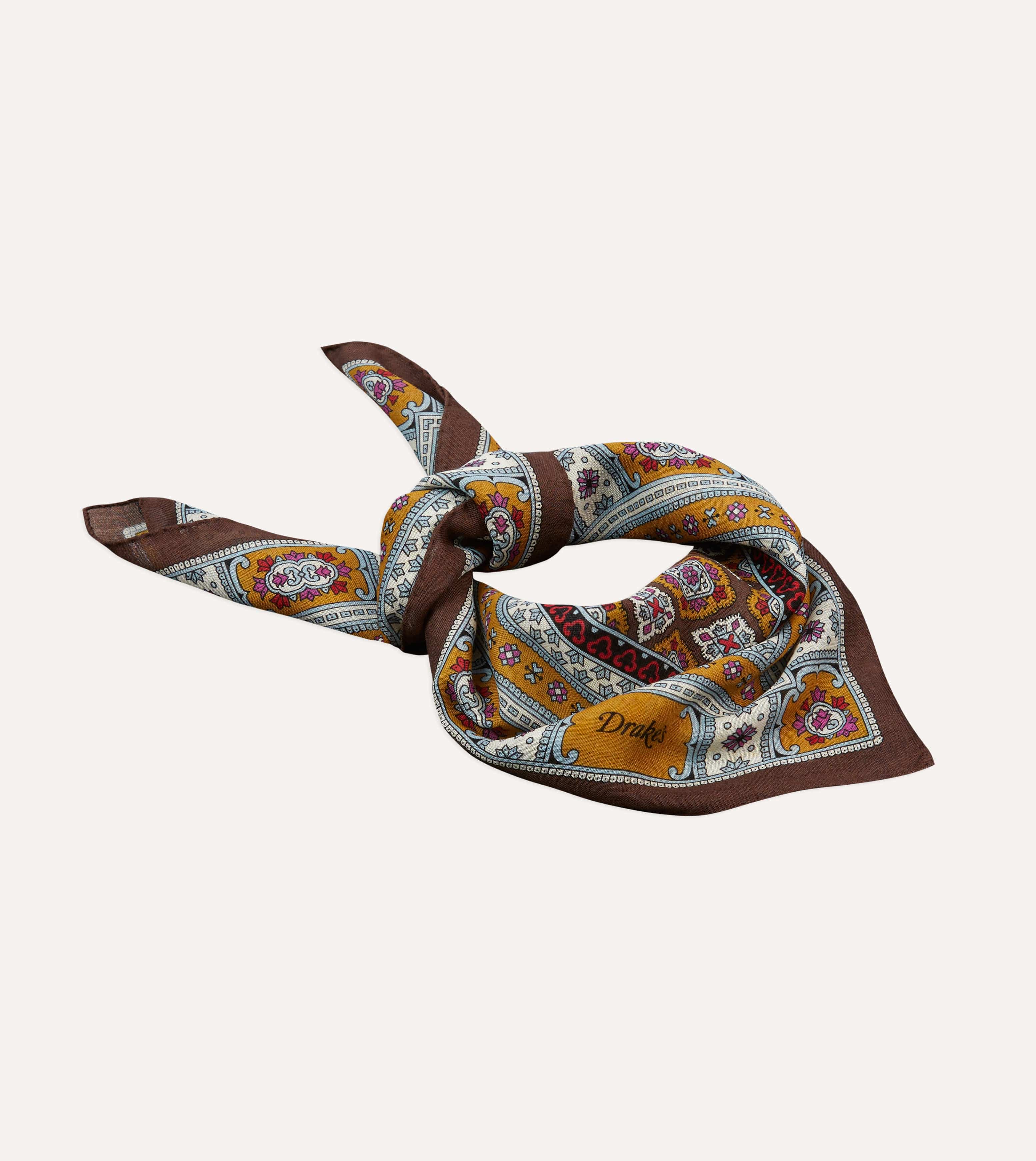 Brown, Blue and Gold Floral Medallion Print Wool-Silk Bandana - Image 4
