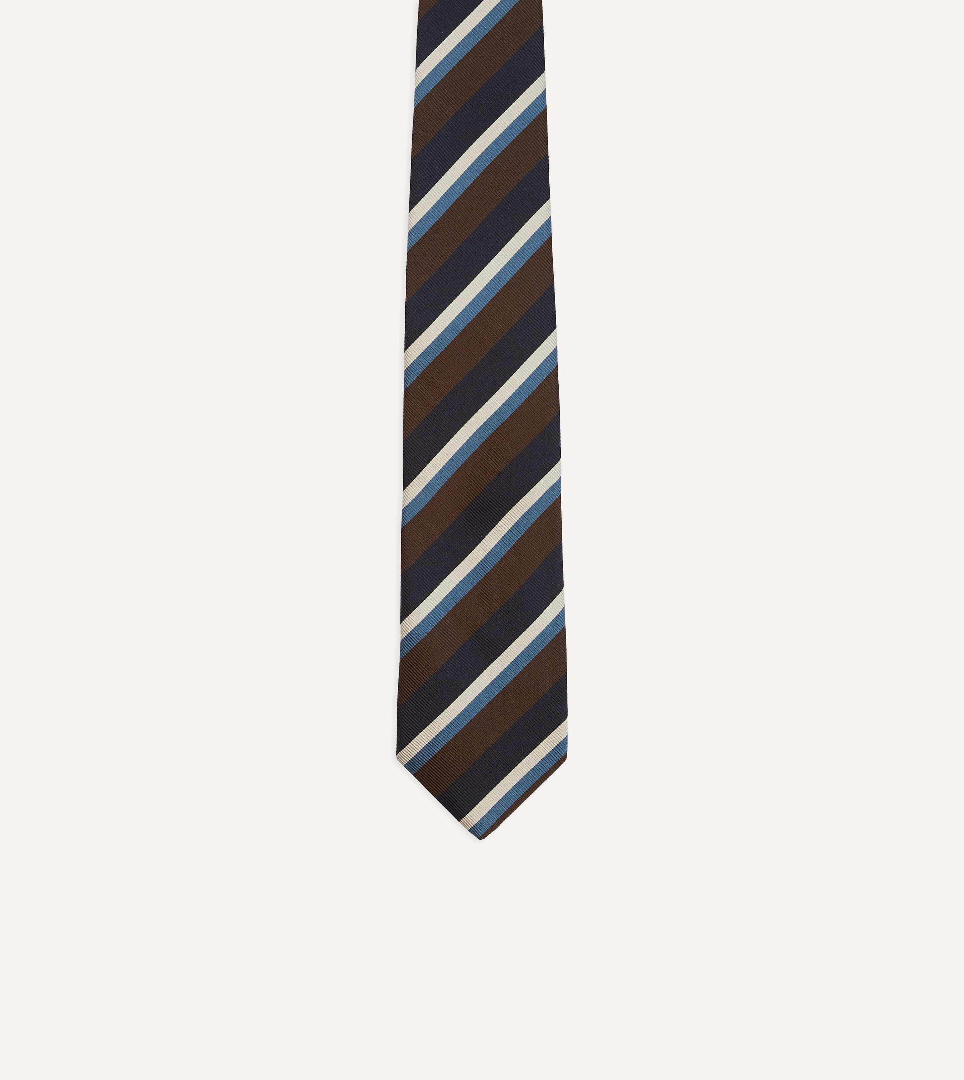 Brown, Blue and White Multi Stripe Mogador Silk Tipped Tie - Image 3