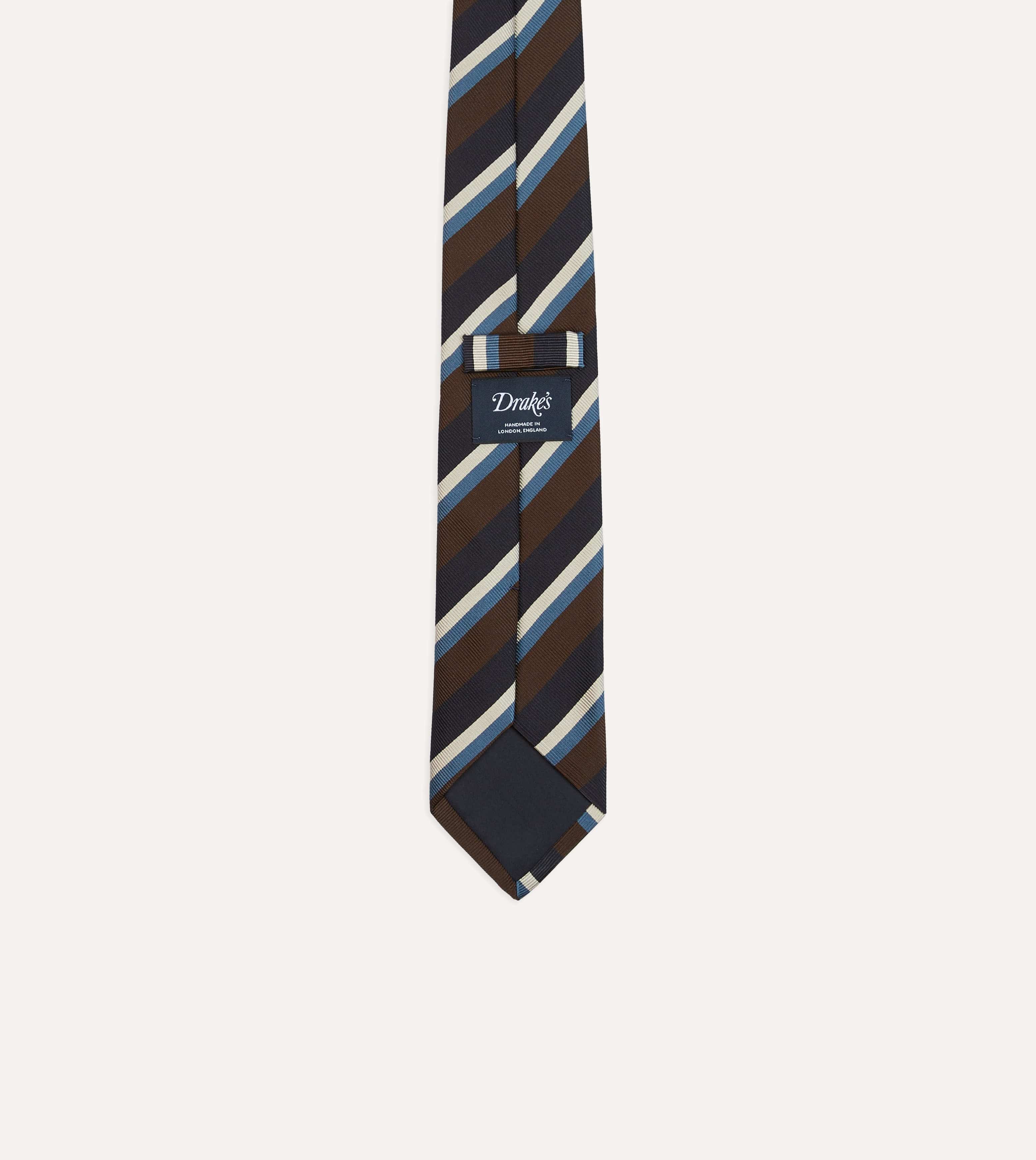 Brown, Blue and White Multi Stripe Mogador Silk Tipped Tie - Image 4