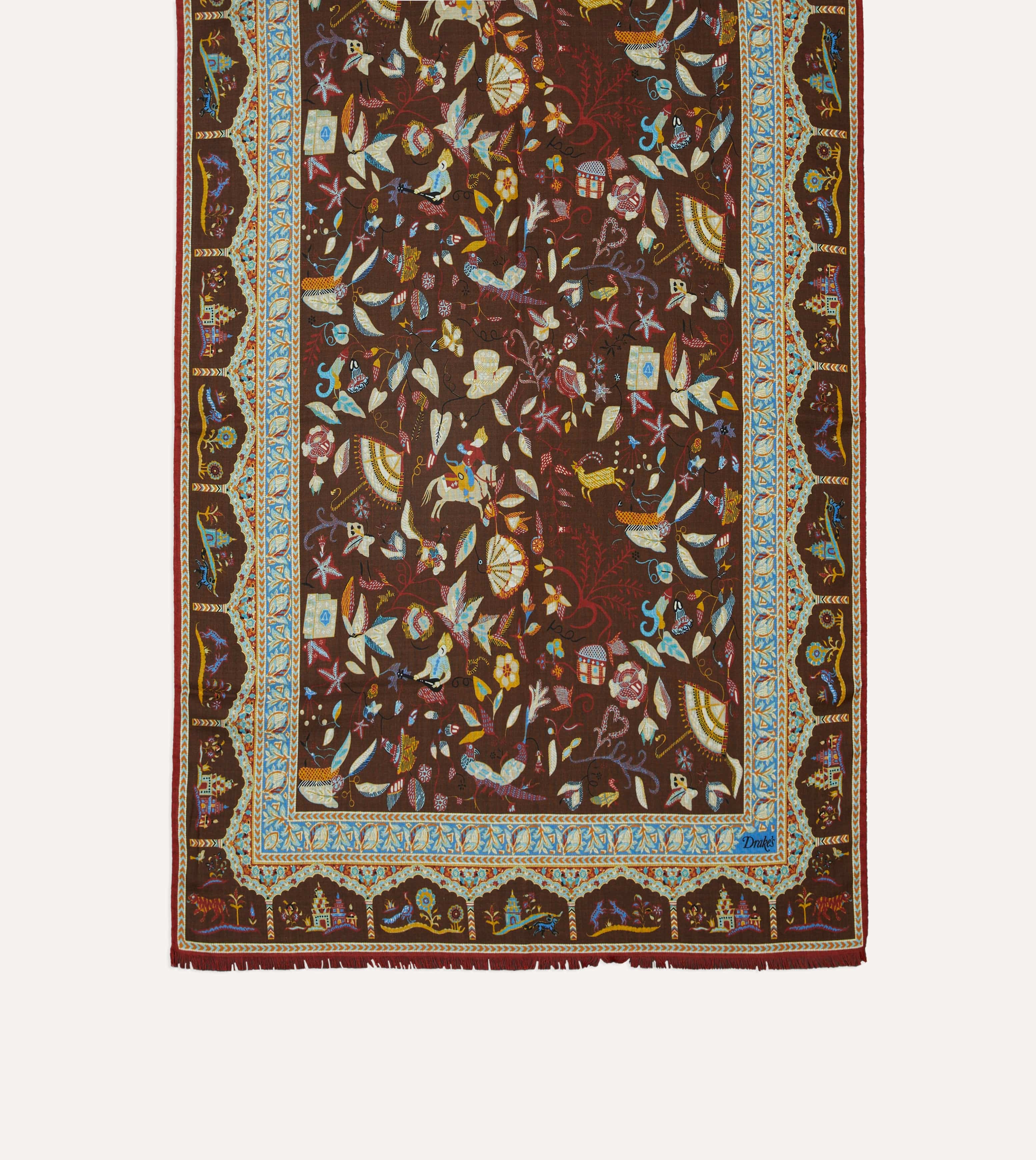 Brown Classic Mughal Print Wool Silk Scarf - Image 3