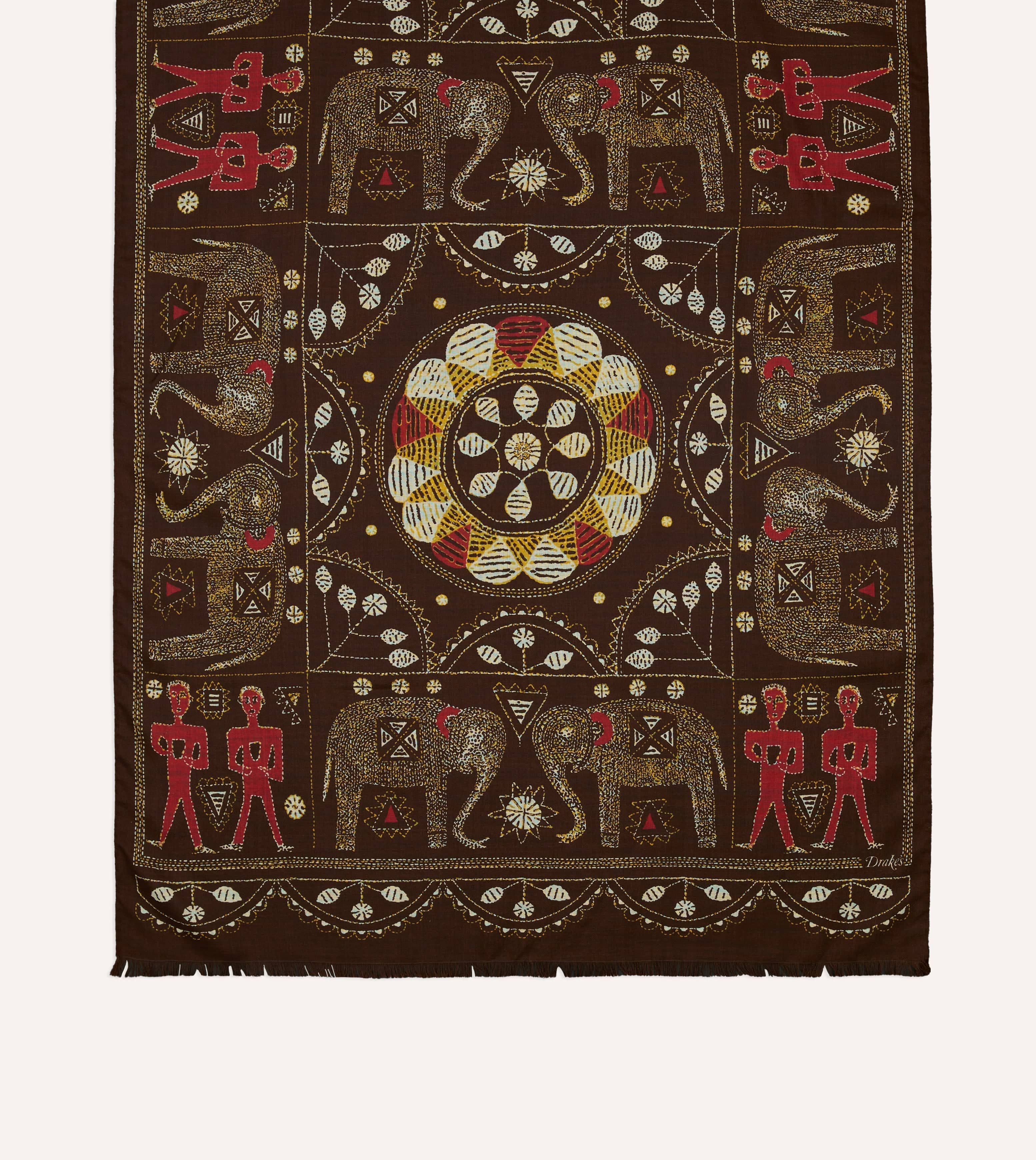 Brown Embroidered Elephant Print Wool Silk Scarf - Image 3