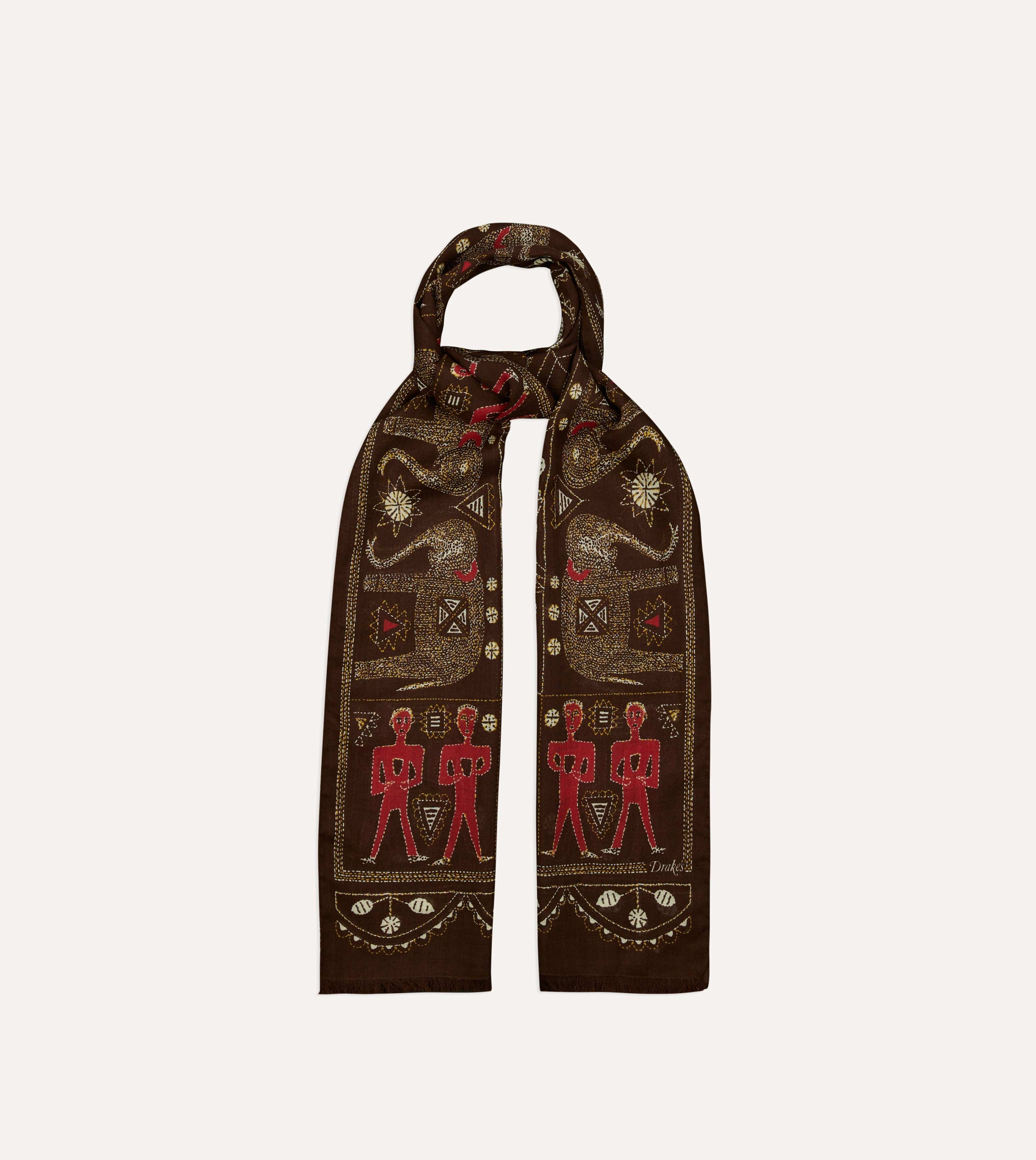 Brown Embroidered Elephant Print Wool Silk Scarf - Image 4