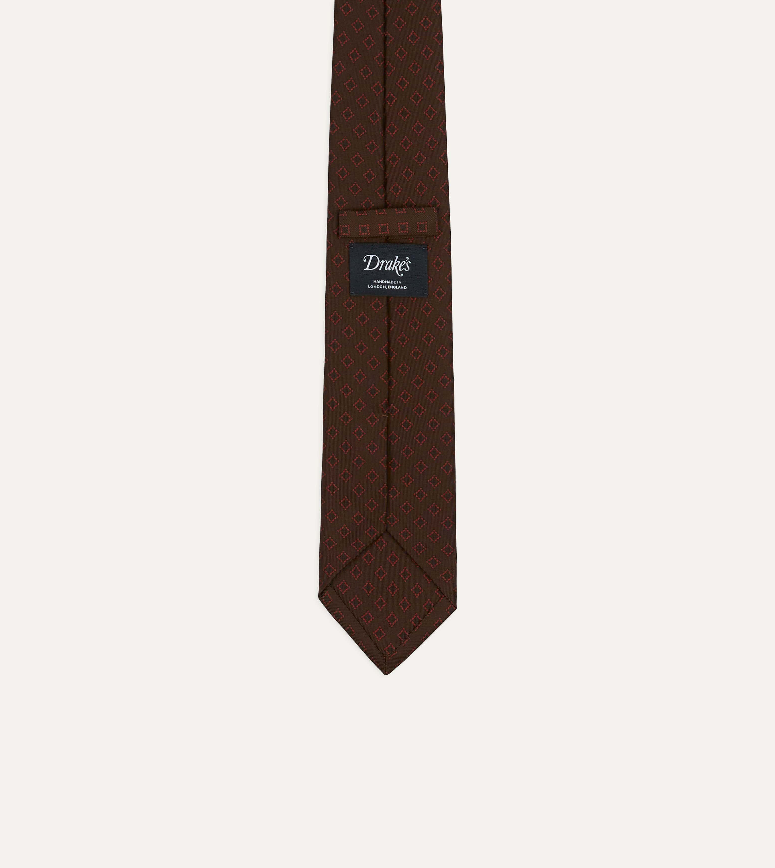 Brown Flower Tile Print Silk Self Tipped Tie - Image 4