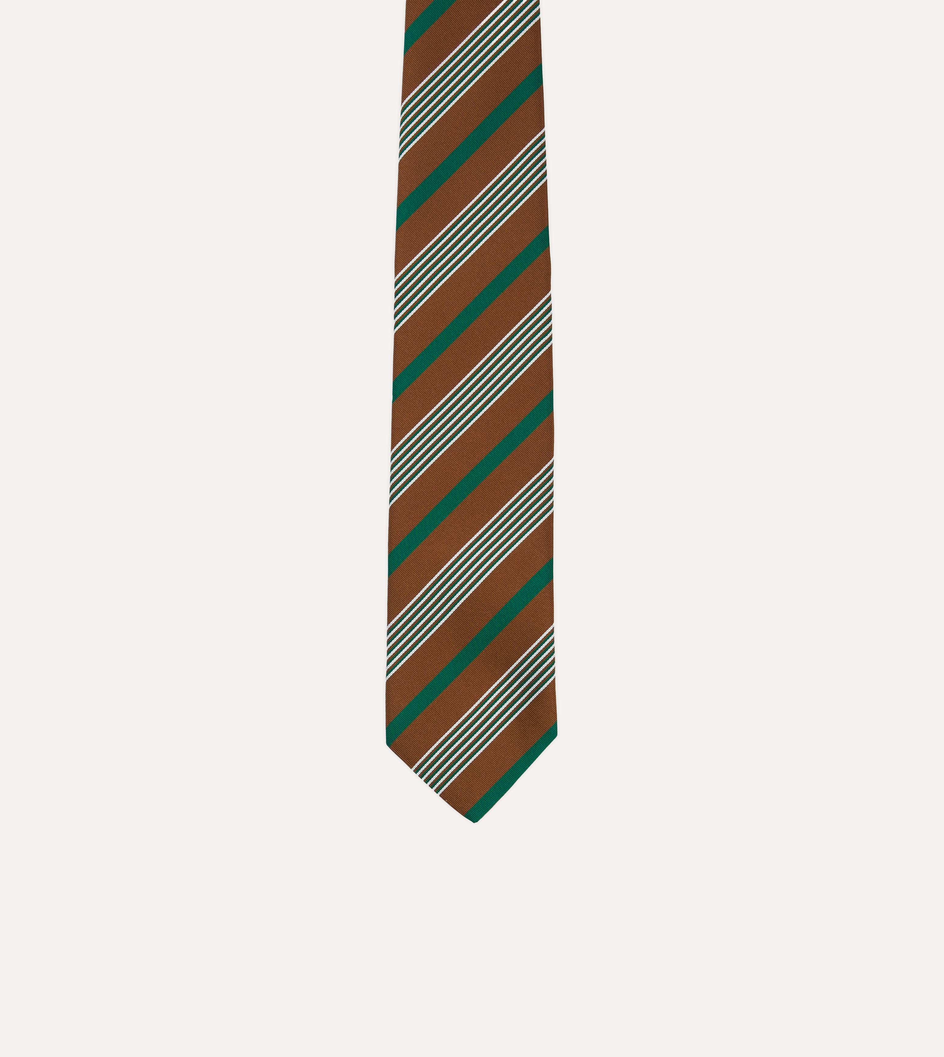 Brown, Green and White Multi Stripe Mogador Silk Tipped Tie - Image 3