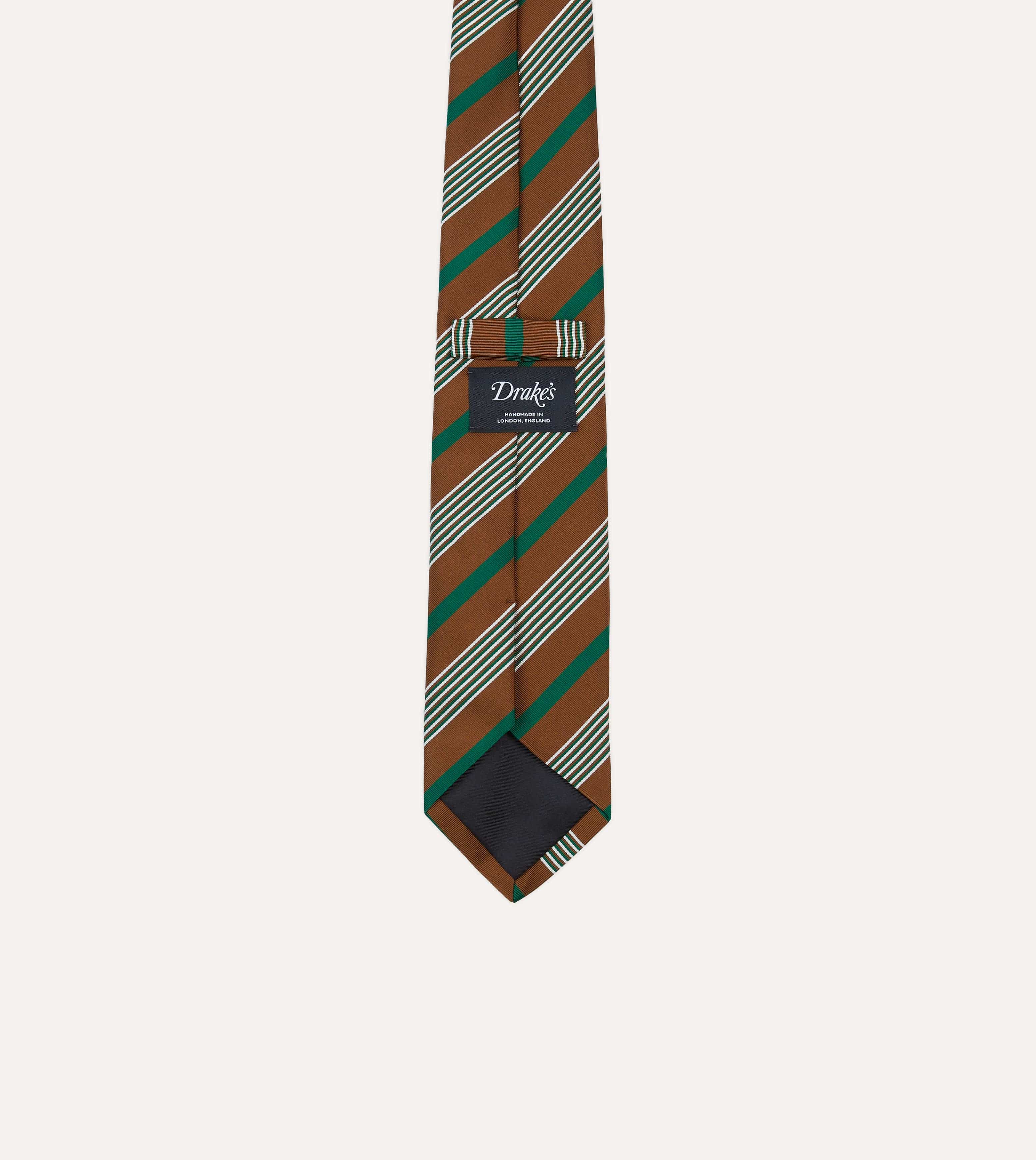Brown, Green and White Multi Stripe Mogador Silk Tipped Tie - Image 4
