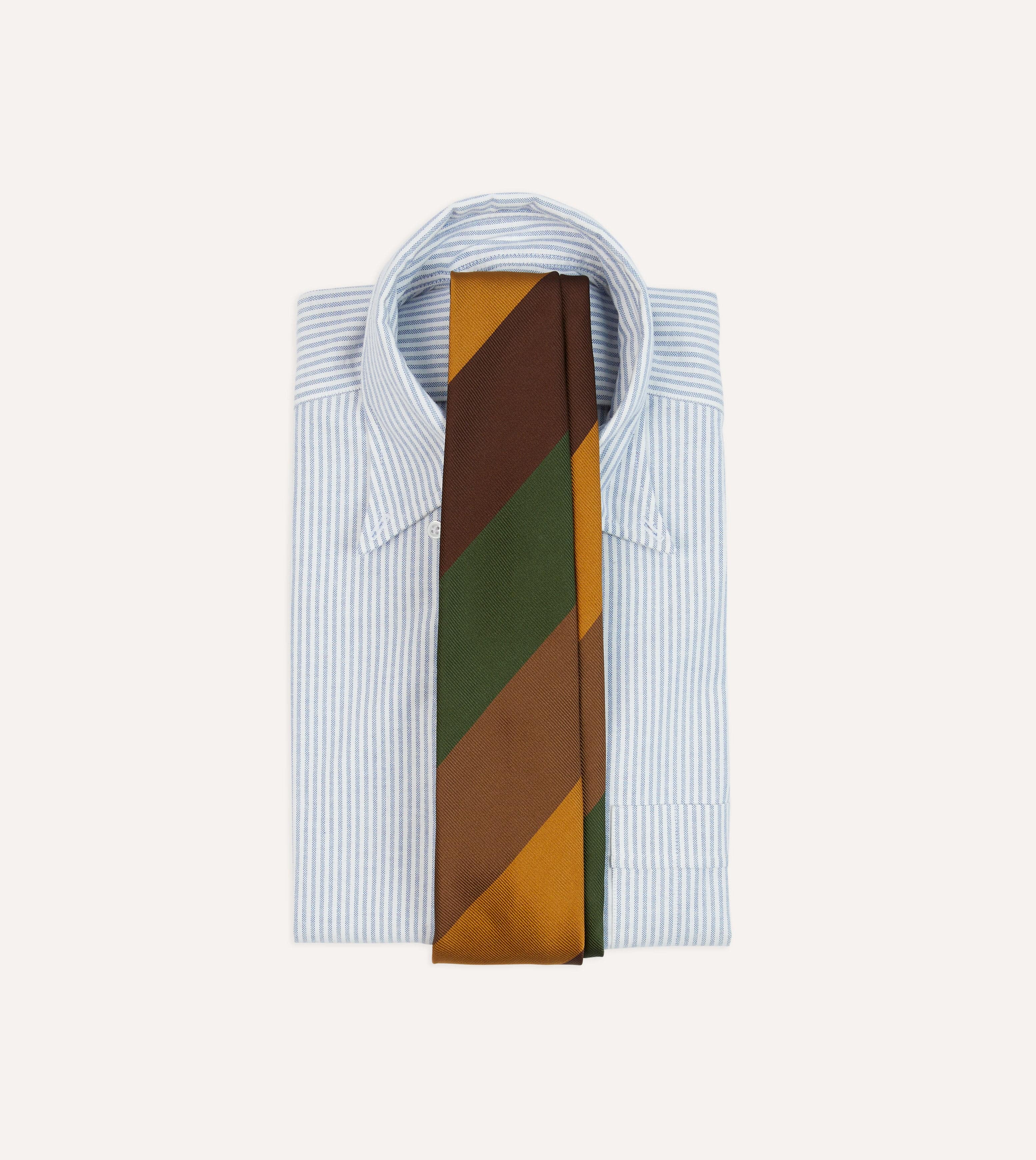Brown, Green and Yellow Wide Stripe Repp Silk Cotton Tipped Tie - Image 2