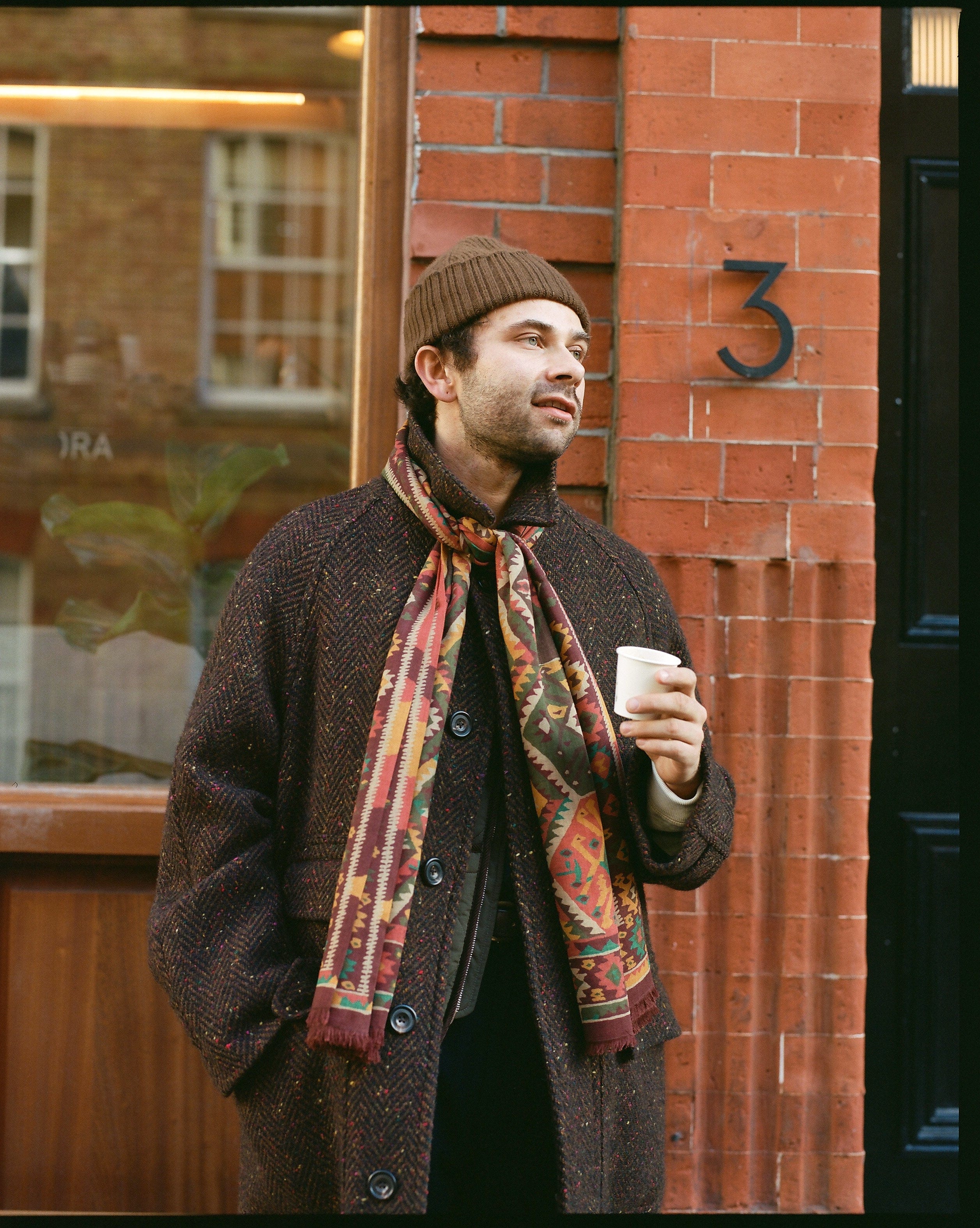 Brown Kilim Print Wool-Silk Scarf - Image 5