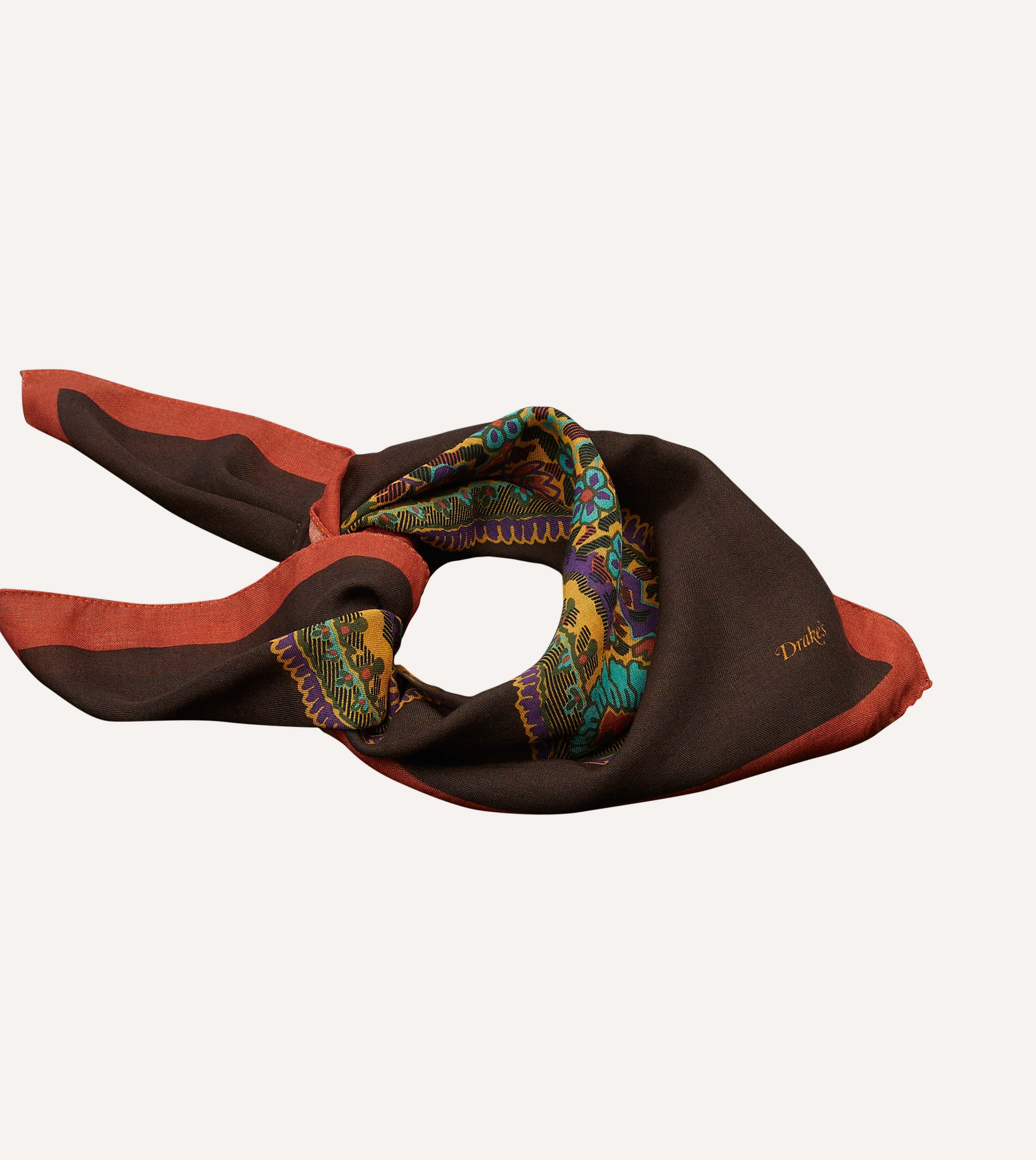 Brown Large Paisley Print Wool-Silk Bandana - Image 5