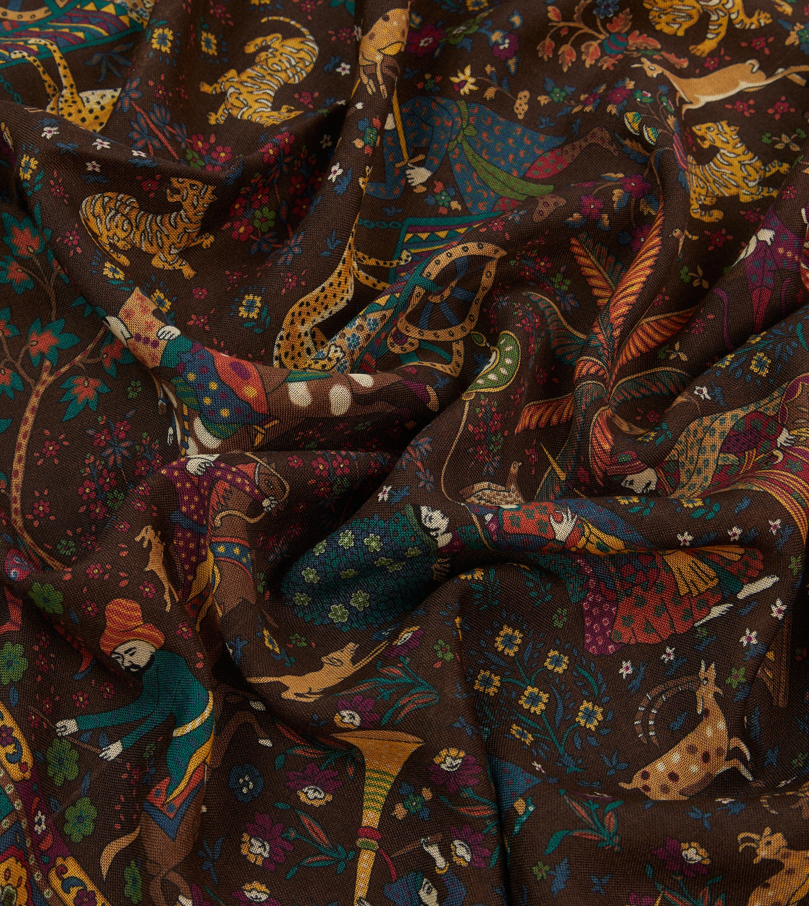 Brown Mughal Hunter Print Wool-Silk Scarf - Image 2
