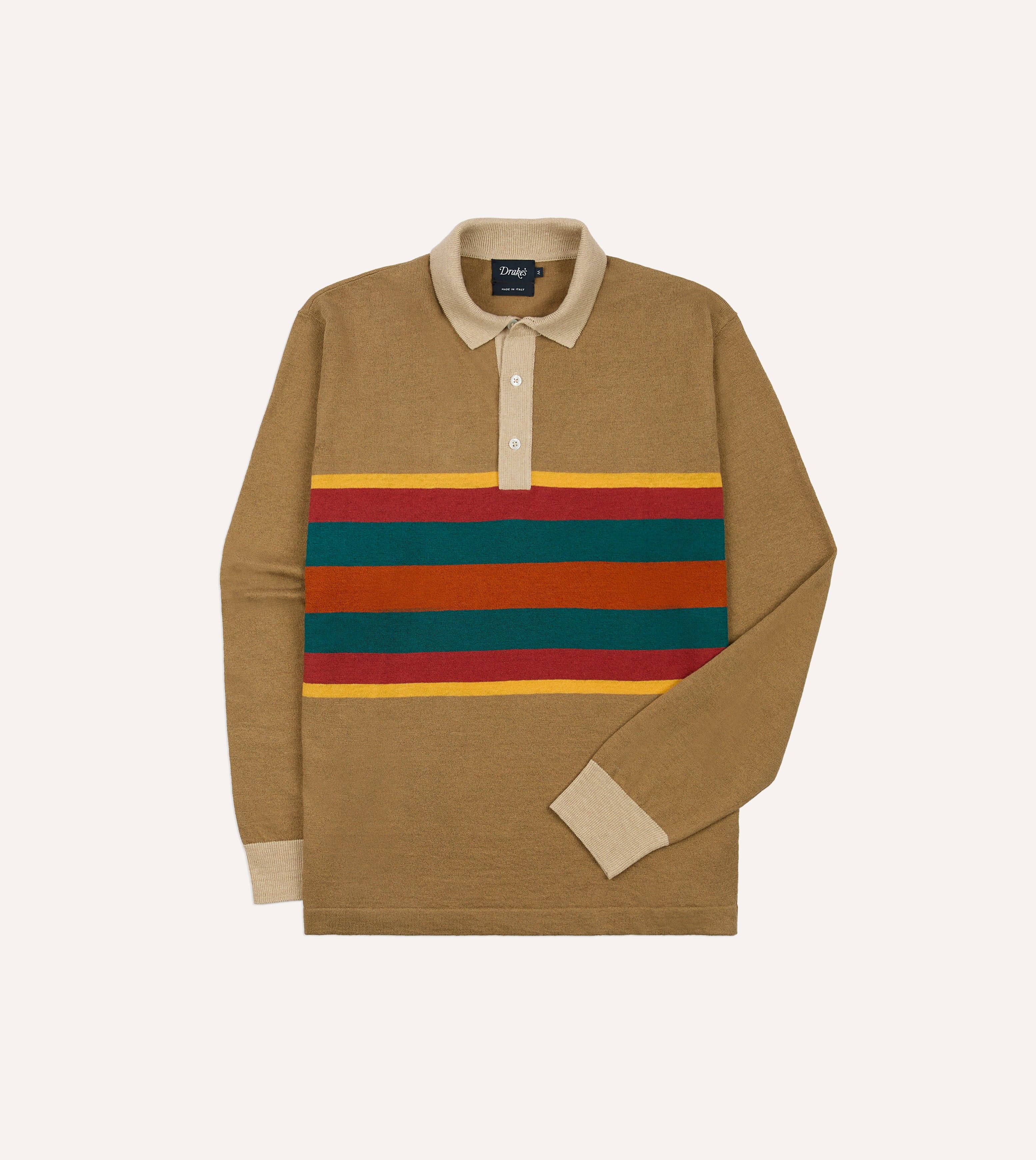 Brown Multi Centre Stripe Linen Cotton Knitted Rugby Shirt - Image 3