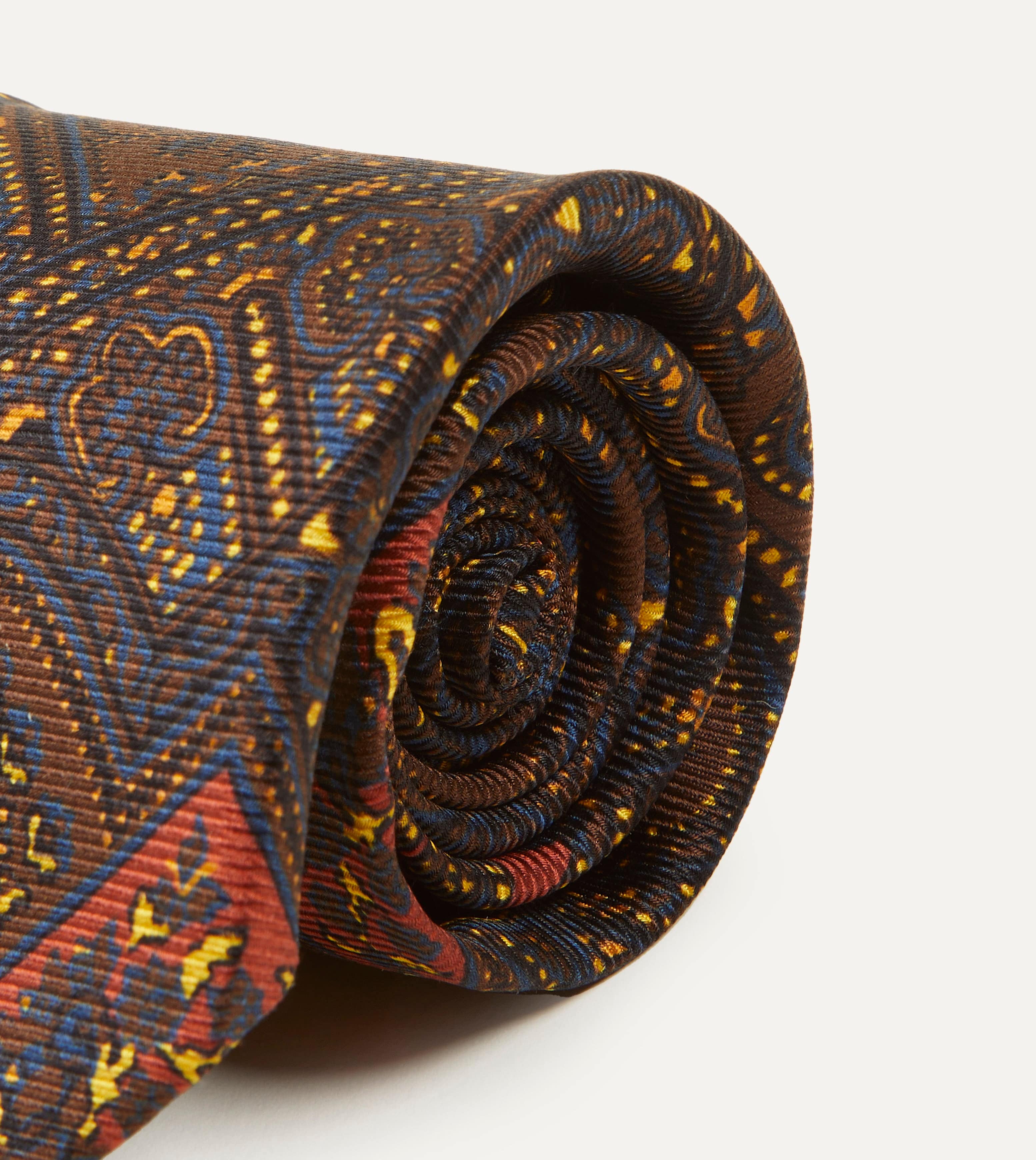 Brown, Navy and Red Paisley Print Madder Twill Silk Tie - Image 4
