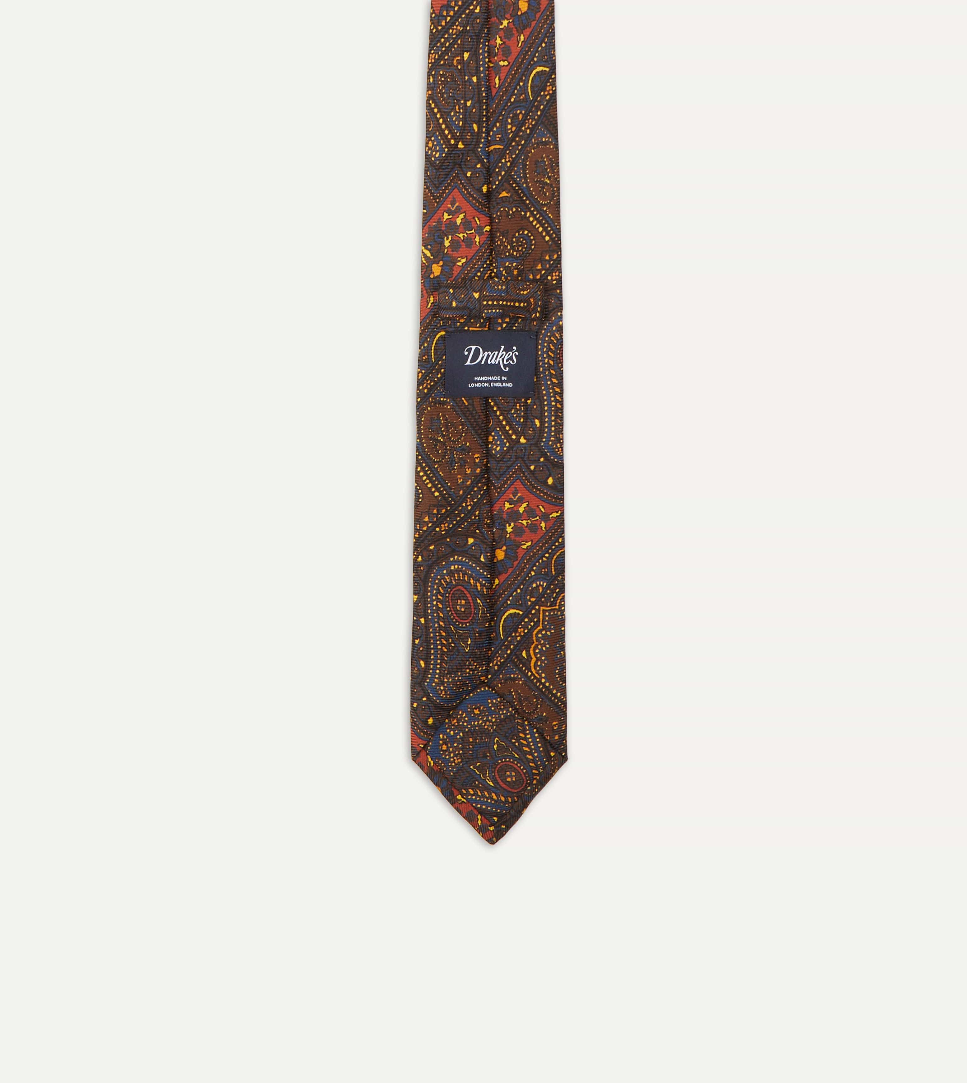 Brown, Navy and Red Paisley Print Madder Twill Silk Tie - Image 5