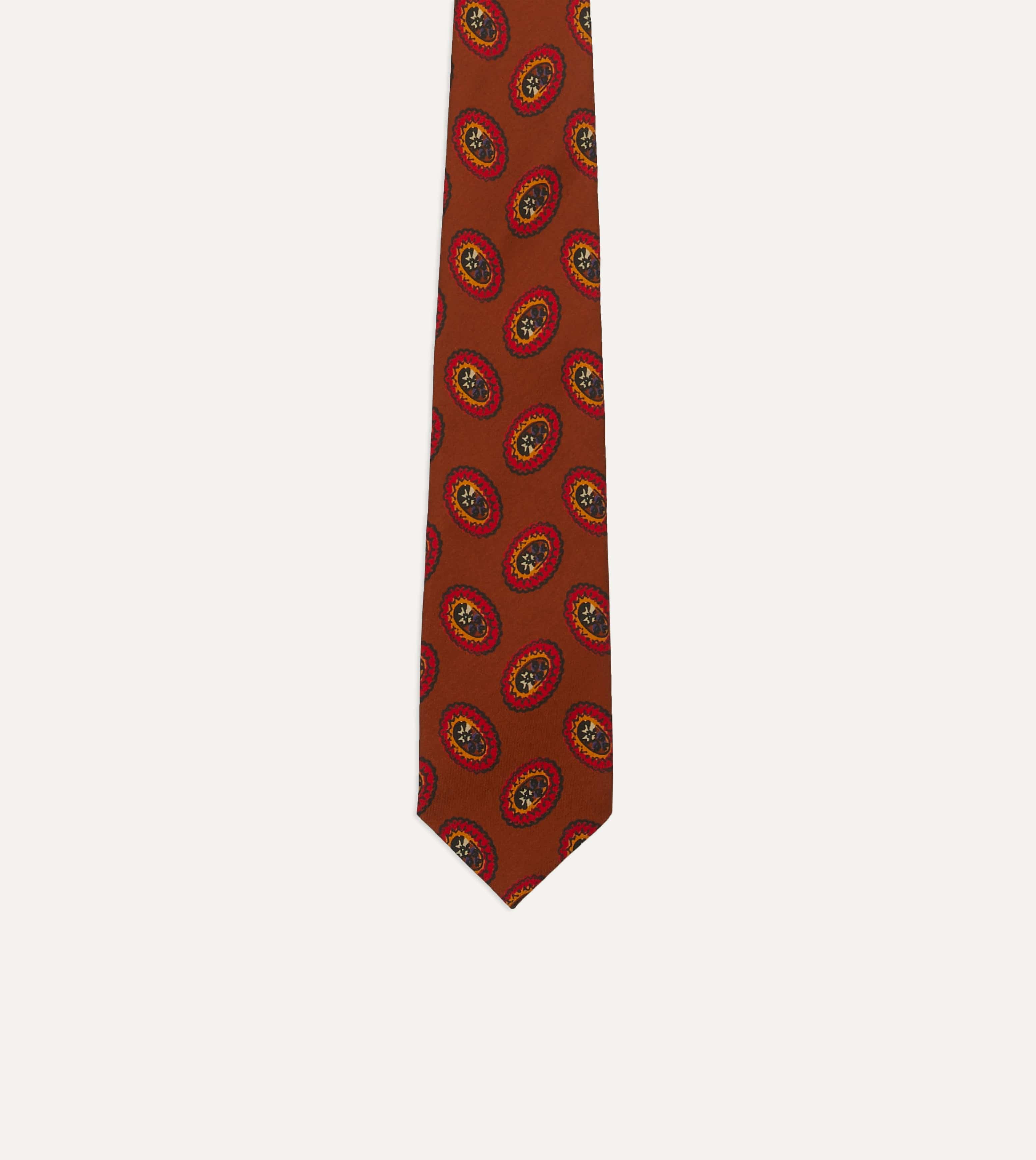 Brown Oval Medallion Print Silk Self Tipped Tie - Image 4