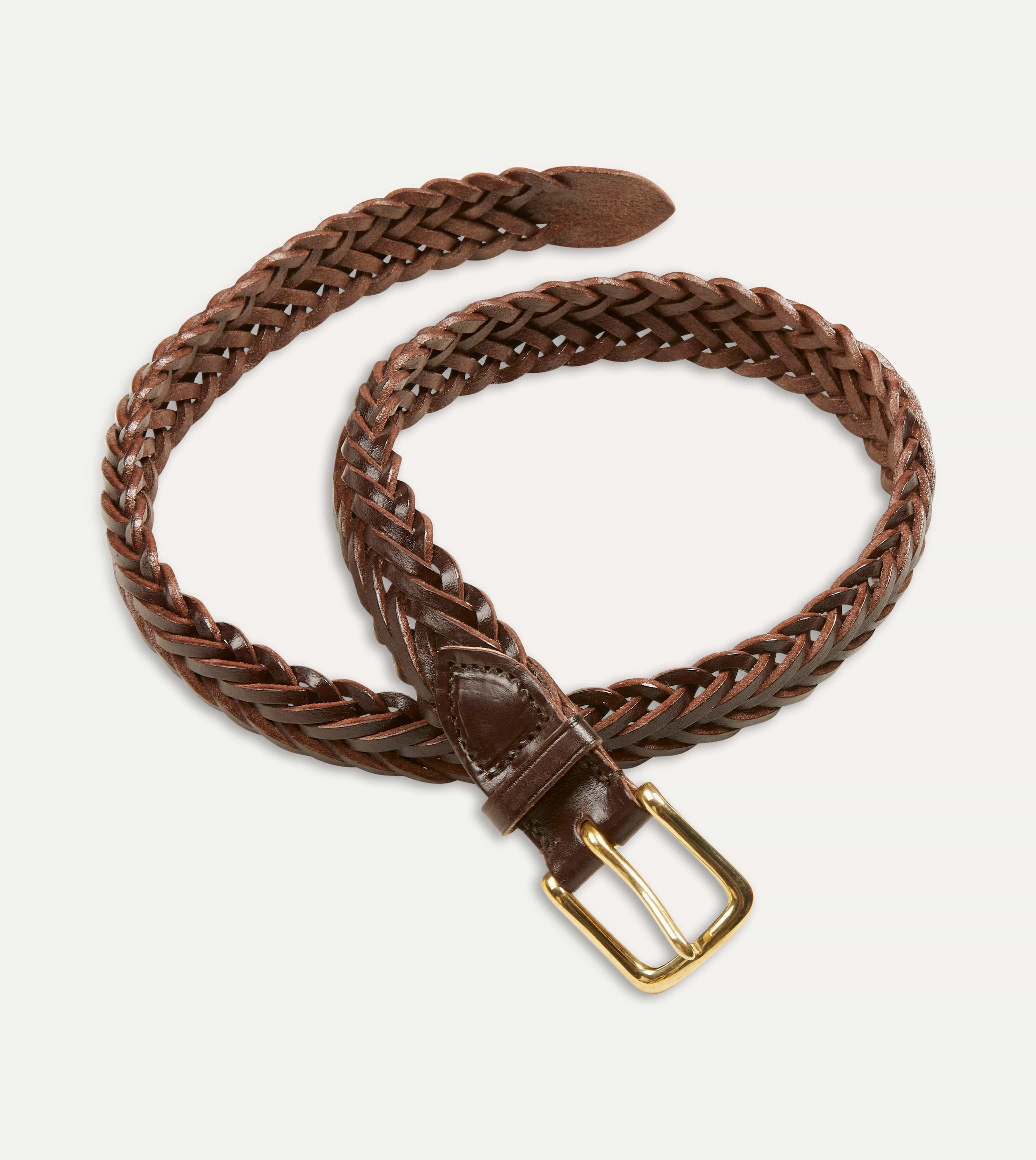 Brown Plaited Bridle Leather Belt with Brass Buckle - Image 5