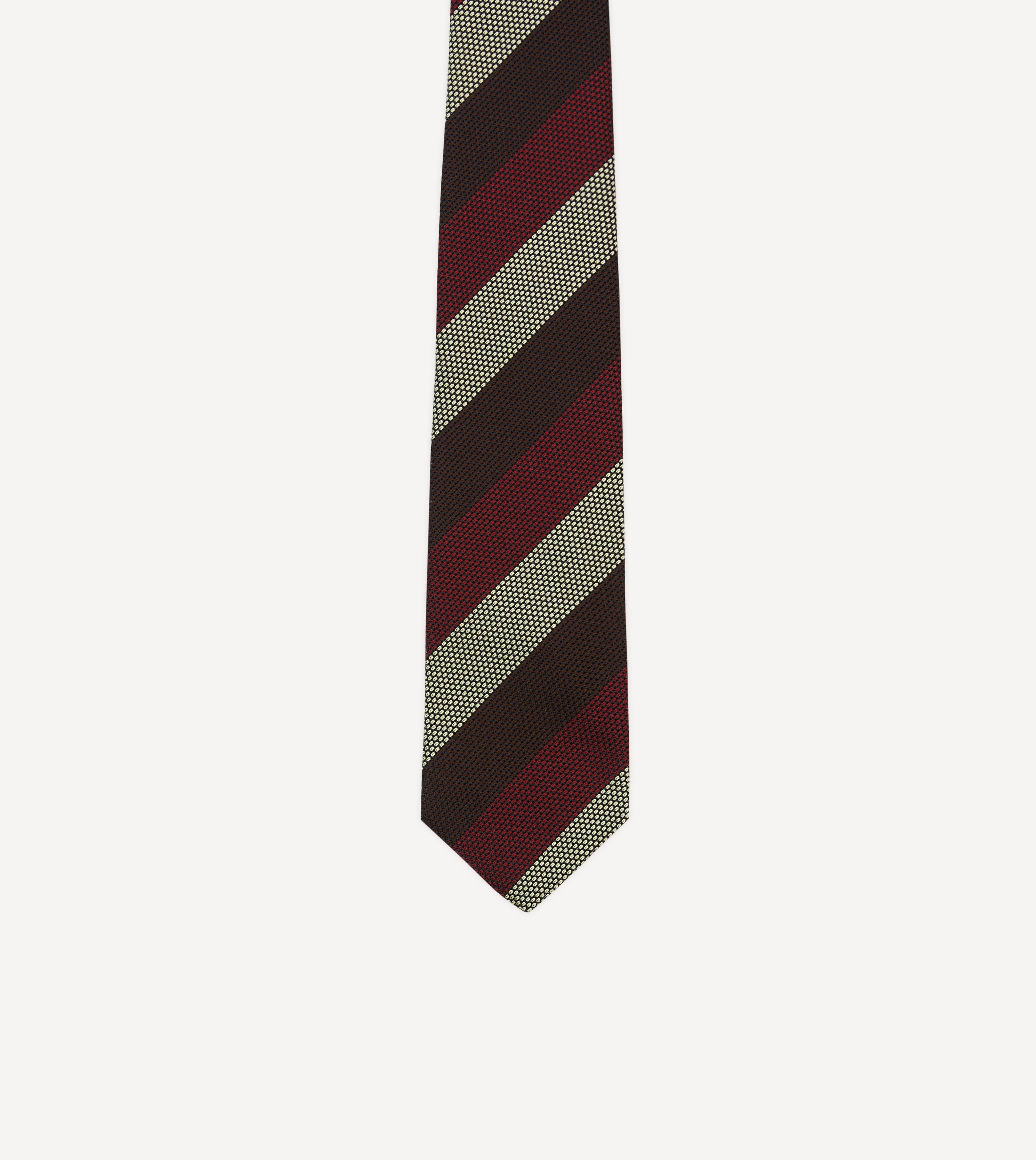 Brown, Red and Ecru Block Stripe Hand Rolled Silk Grenadine Tie - Image 3