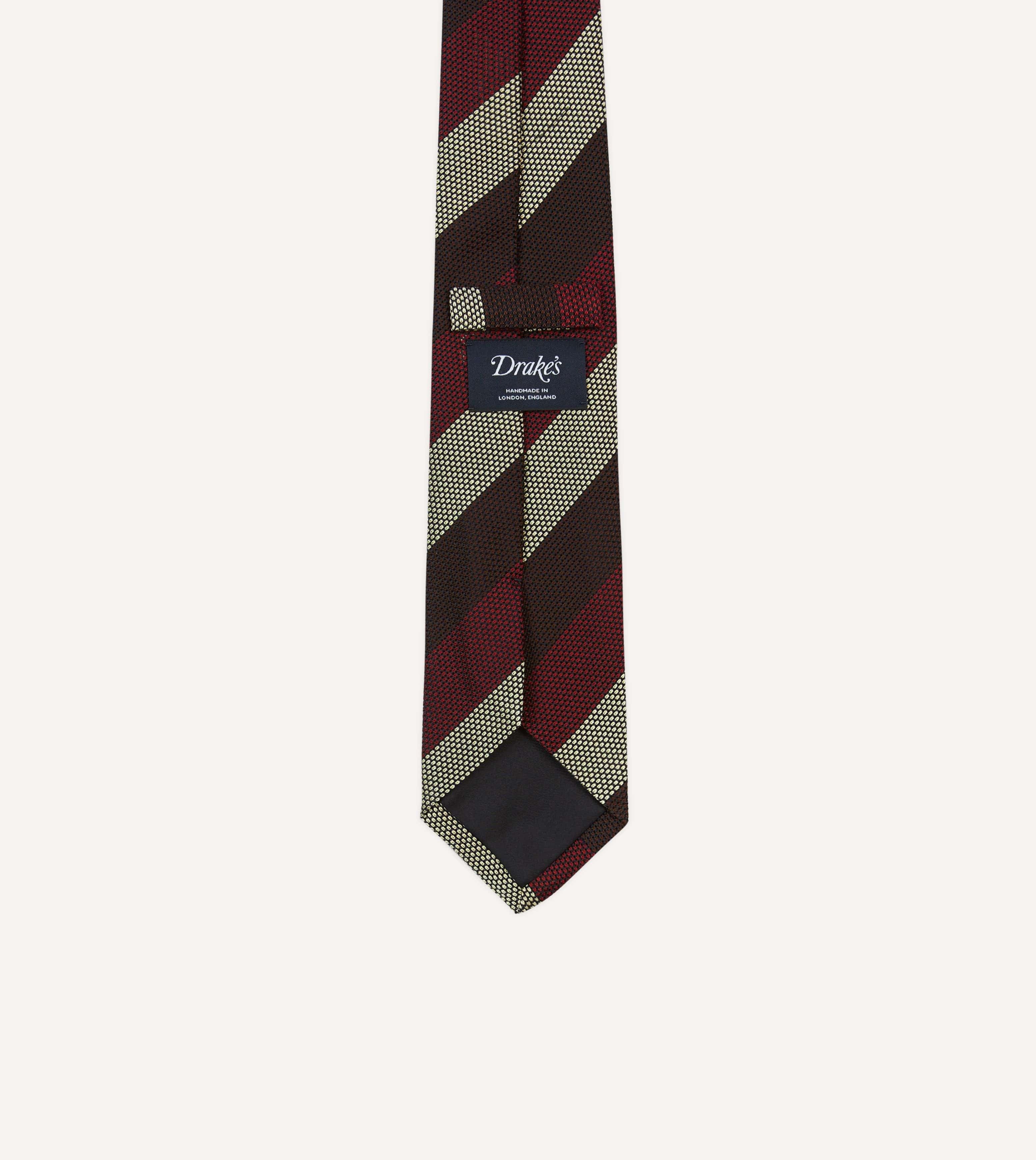 Brown, Red and Ecru Block Stripe Hand Rolled Silk Grenadine Tie - Image 4