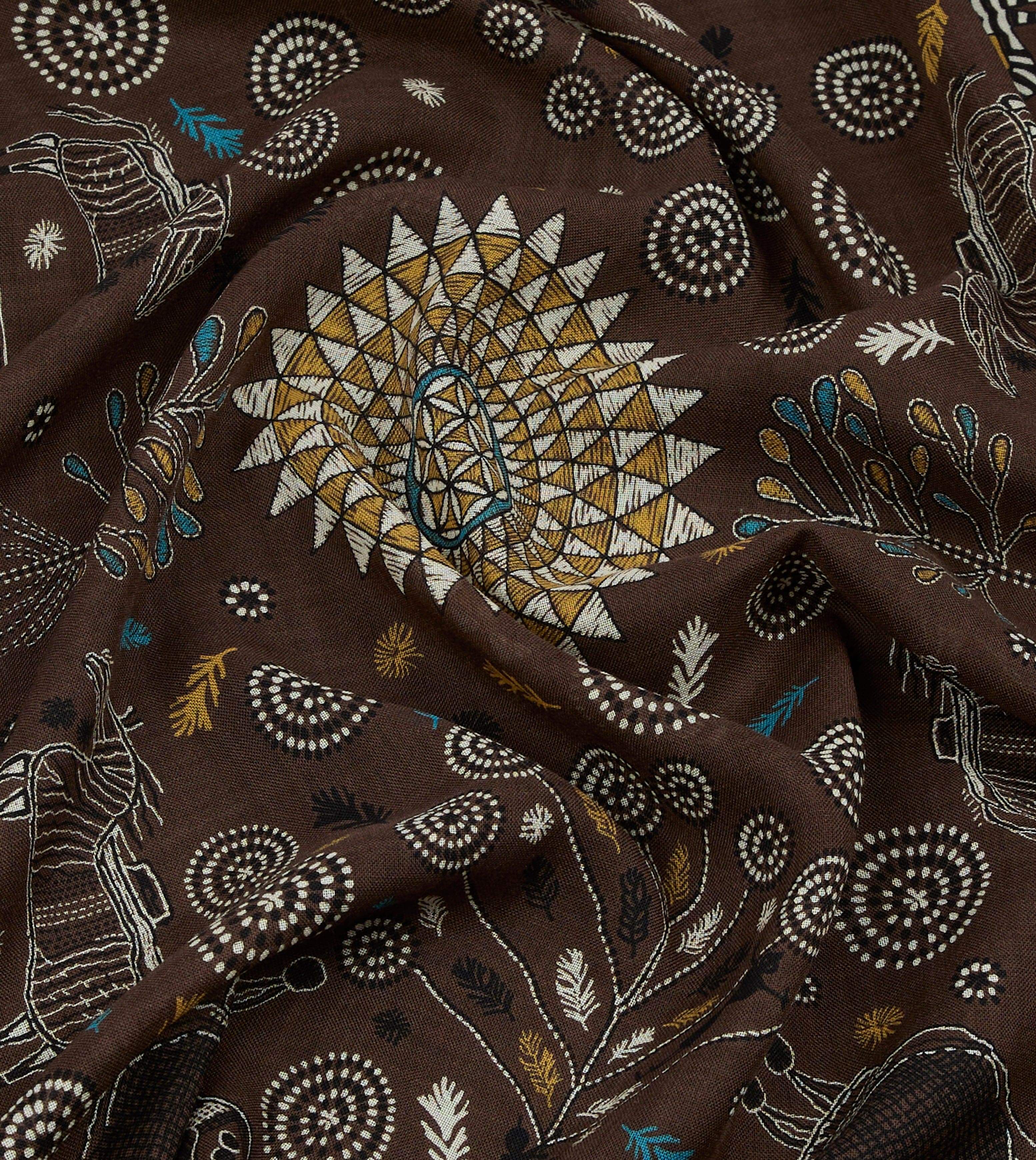 Brown Rustic Elephant Print Wool-Silk Scarf - Image 2