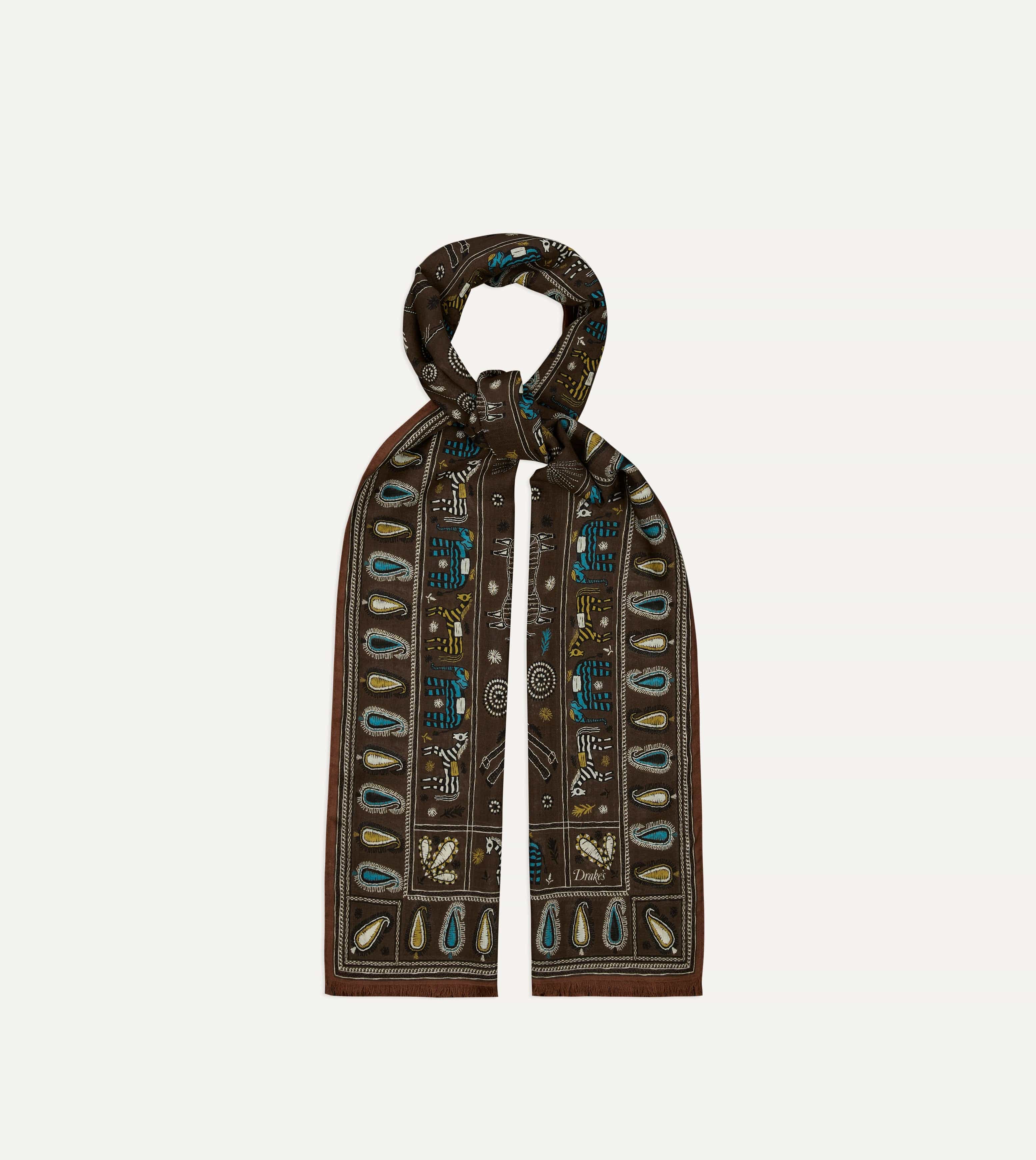 Brown Rustic Elephant Print Wool-Silk Scarf - Image 4