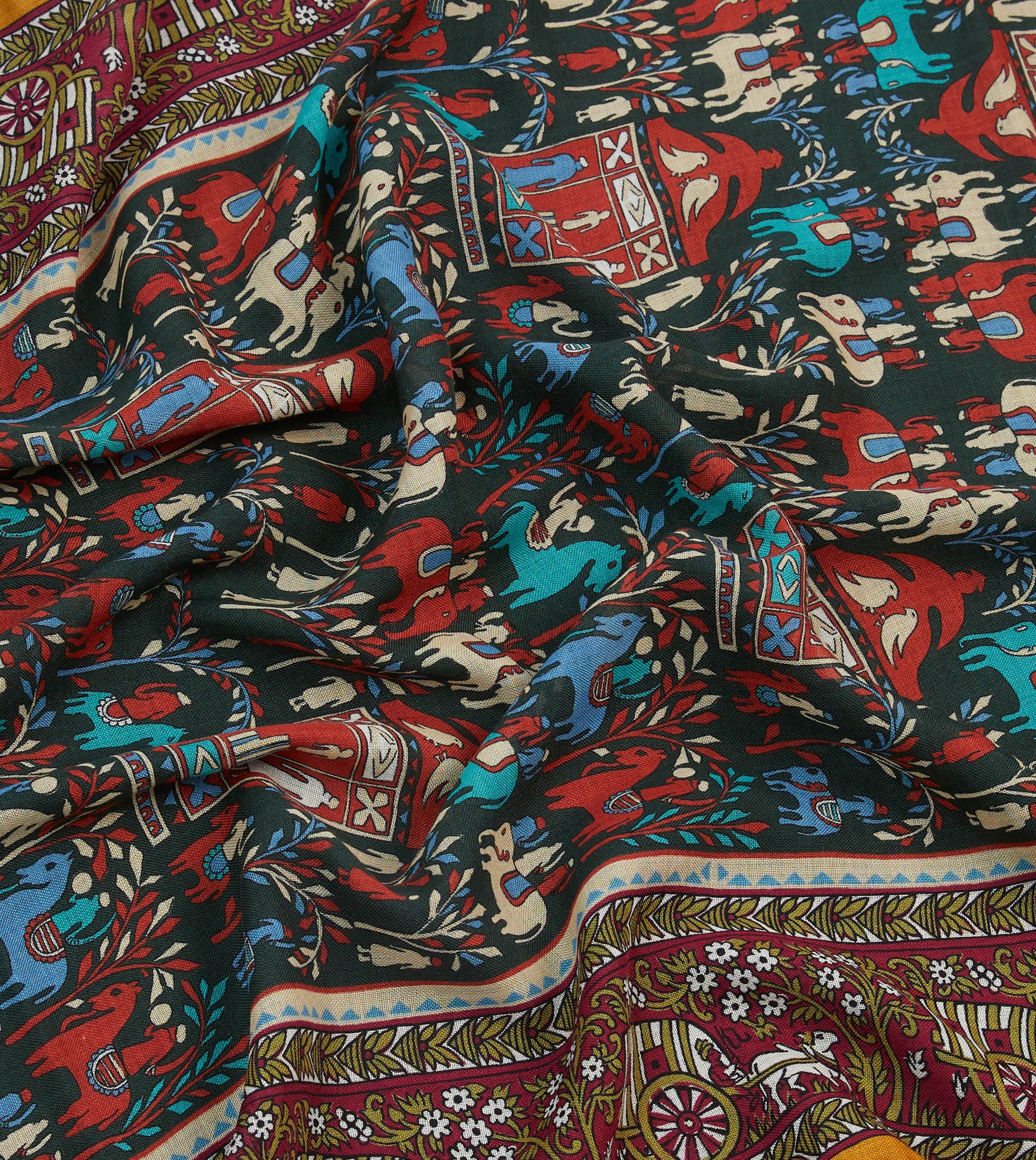 Burgundy Elephant Village Print Wool-Silk Scarf - Image 2